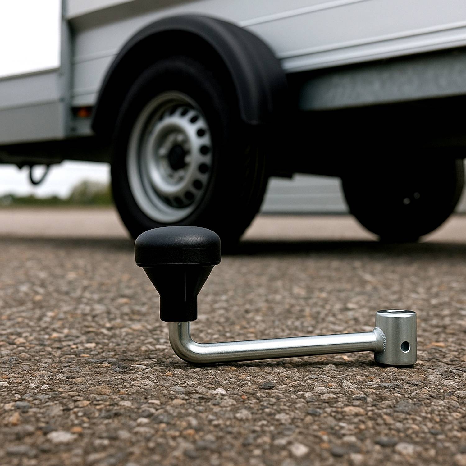 Ein silberner Anhängerkupplung mit einer schwarzen Abdeckung liegt auf einer Asphaltoberfläche, vor einem Fahrzeug mit sichtbarem Rad und Anhängerbereich.