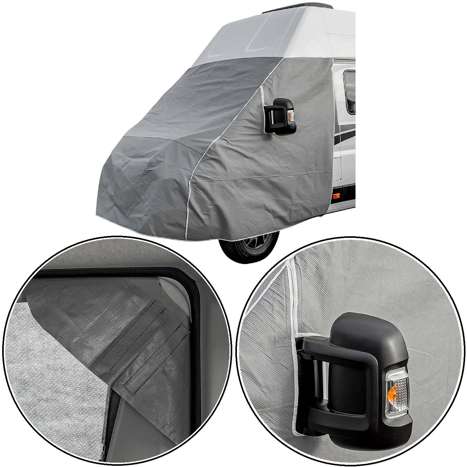 Eine graue Fahrzeugabdeckung, die über den vorderen Teil eines Vans gespannt ist, mit Detailaufnahmen der Materialtextur und einer Aussparung für den Seitenspiegel.