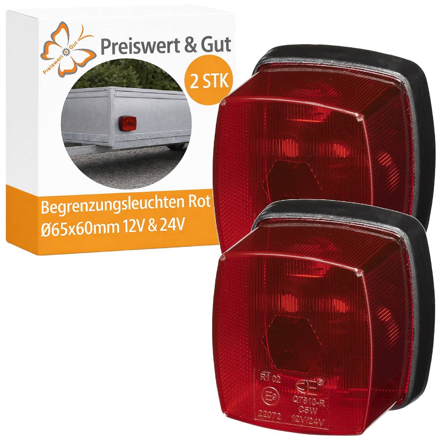 Preiswert & Gut 2 STK' Anhänger-Rücklichter, gelistet als 'Begrenzungsleuchten Rot'. Verpackung zeigt ein Bild der Leuchten auf einem Anhänger.