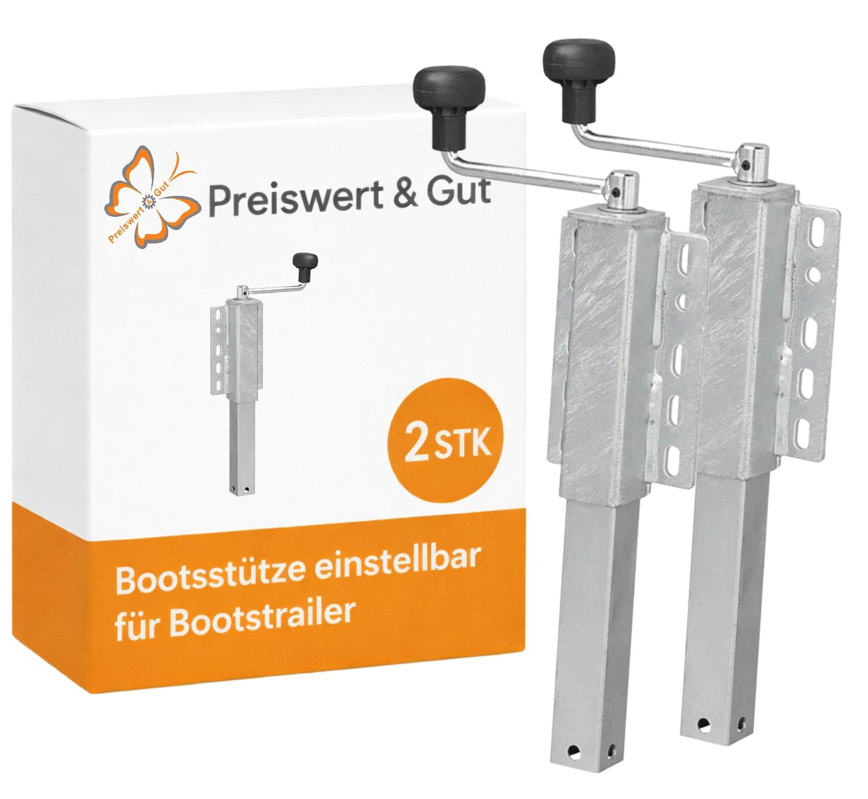 Verpackung zeigt zwei verstellbare Bootsstützen für Bootstrailer, markiert mit 'Preiswert & Gut.