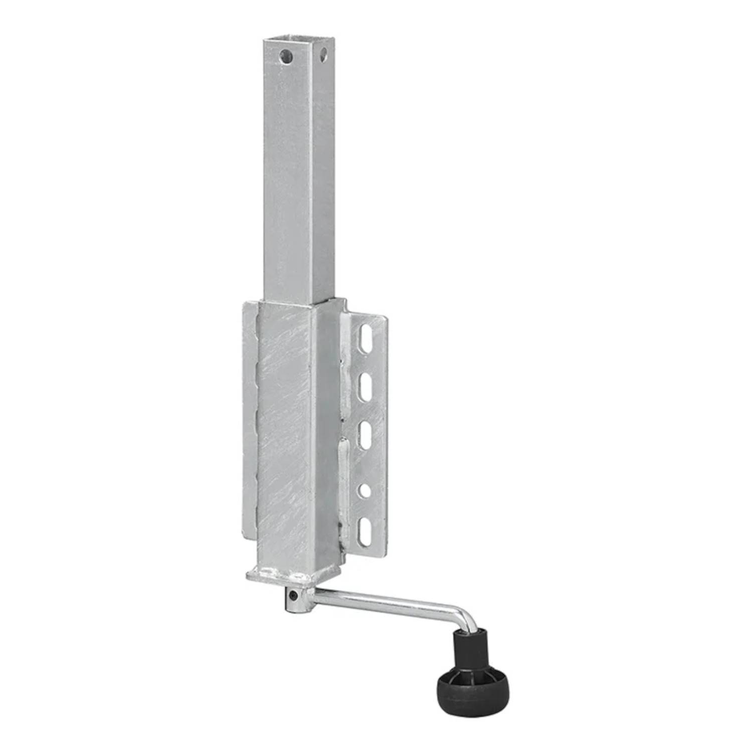 Ein verstellbarer Metallständer mit quadratischem Rohrprofil und seitlichem Griff für Höheneinstellungen; typischerweise verwendet zur Unterstützung von Strukturen.