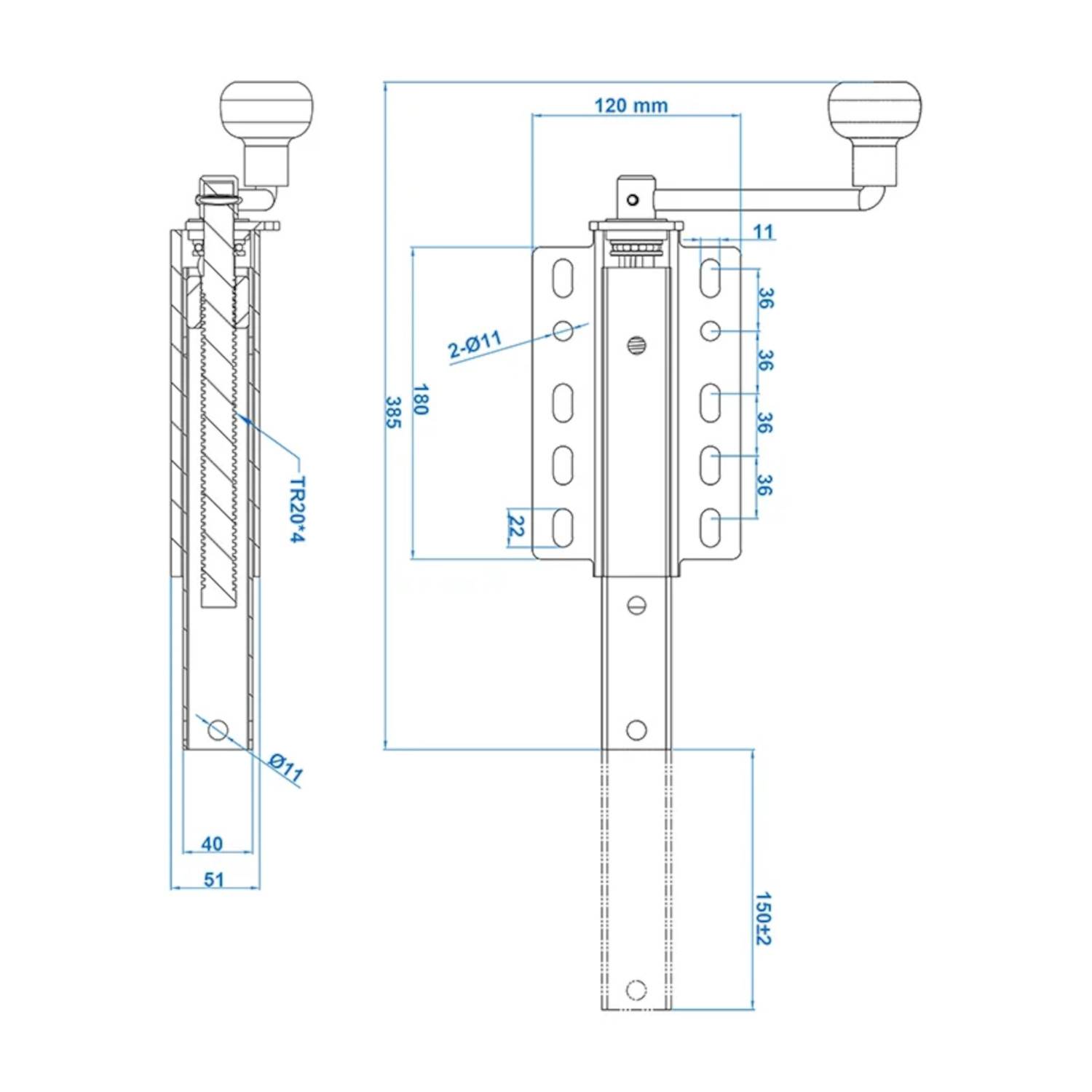 Technische Zeichnung einer Schiebetürverriegelung. Zeigt Vorder- und Seitenansicht mit Maßen in Millimetern, einschließlich 120 mm und 385 mm Längen.