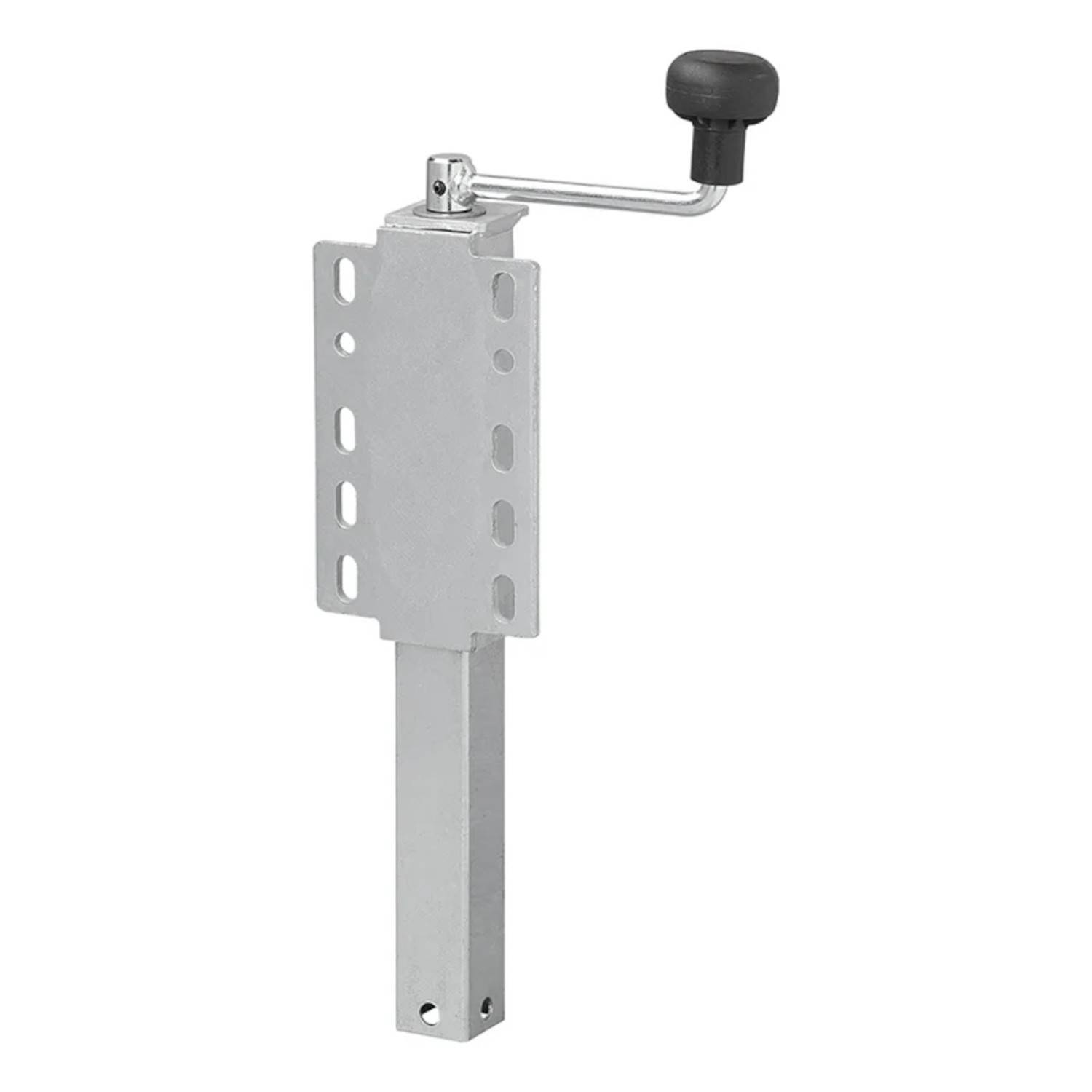 Ein Metallheber mit einem rotierenden Griff und mehreren Verstelllöchern, der zum Anheben oder Stabilisieren von Ausrüstung verwendet wird.