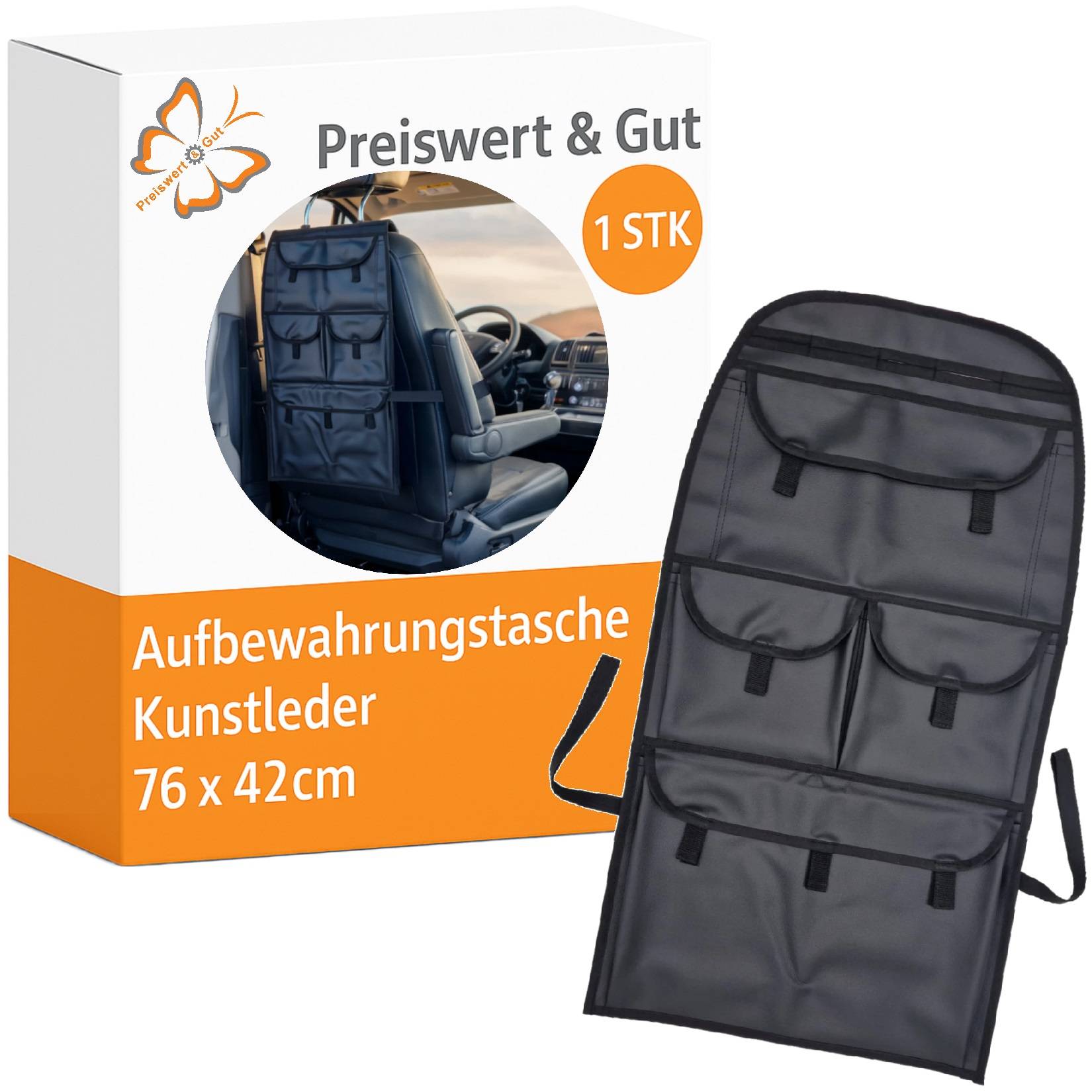Aufbewahrungstasche für Autositz, aus Kunstleder, mit den Maßen 76 x 42 cm. Verpackung zeigt 'Preiswert & Gut' und Produktabbildung auf einem Autositz.