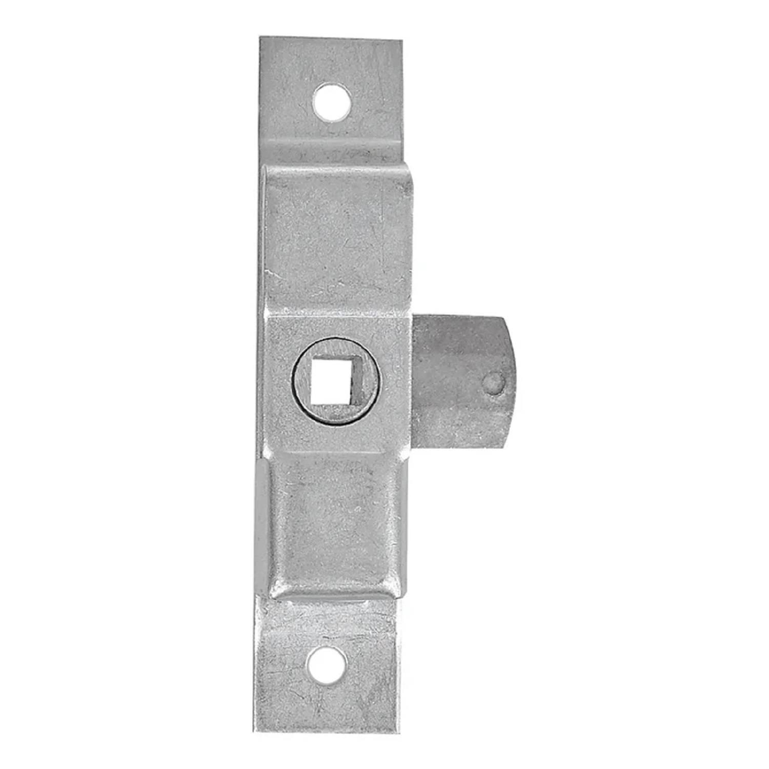 Metallverriegelungsmechanismus mit einem rechteckigen Vorsprung und zwei Befestigungslöchern für Schrauben, verwendet in Türverschlusssystemen.