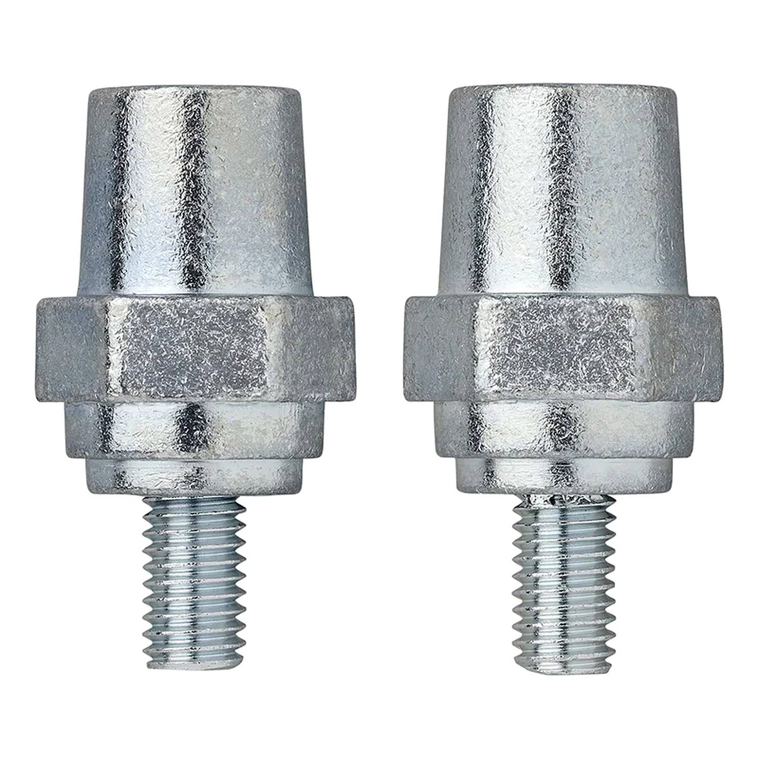 Zwei metallische Radmutternkappen nebeneinander, die ein glänzendes, gerilltes Design mit gewindeten Basen zeigen.