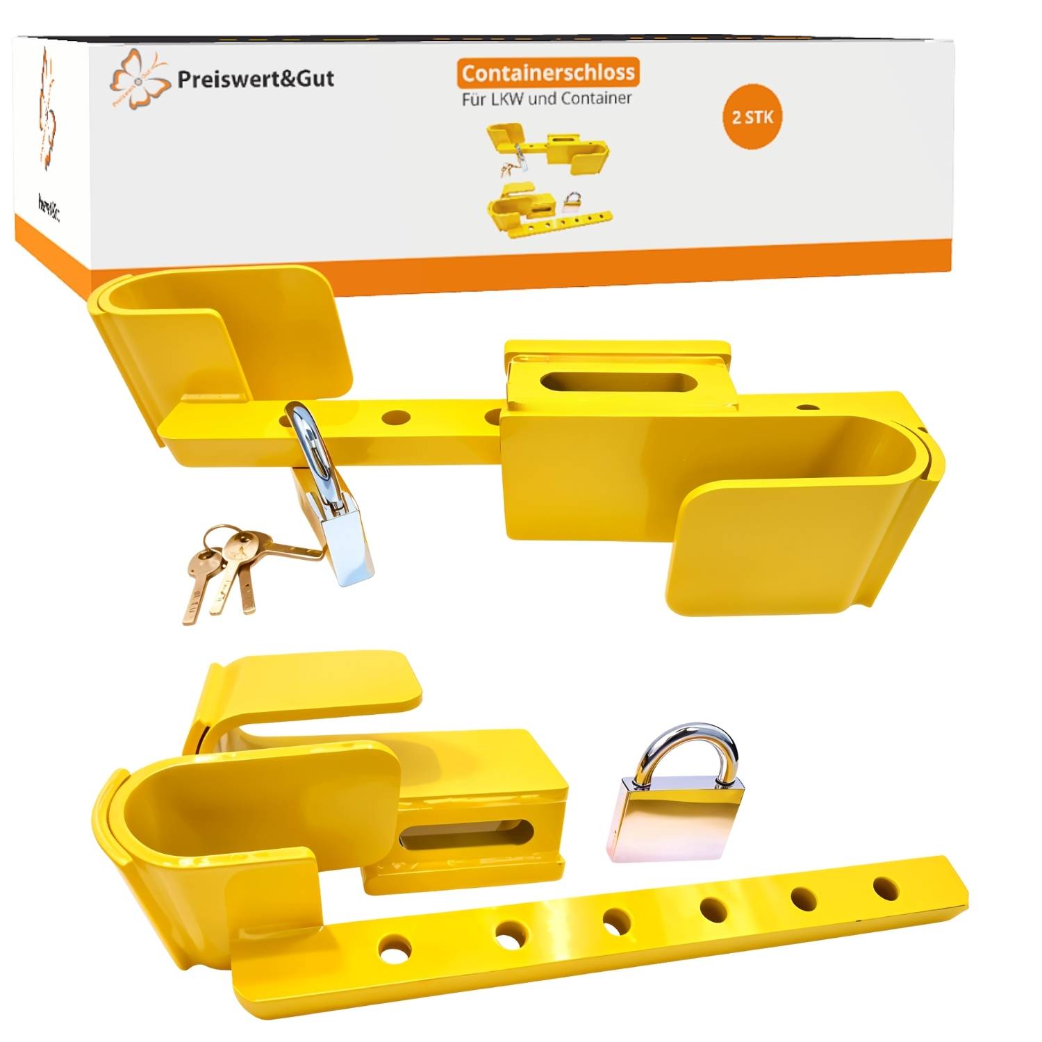 Gelber Containerverschluss-Set mit einem Vorhängeschloss und Schlüsseln zum Sichern von Gegenständen. Die Verpackungsbox enthält ein Produktbild und die Beschriftung 'Containerscloss'.