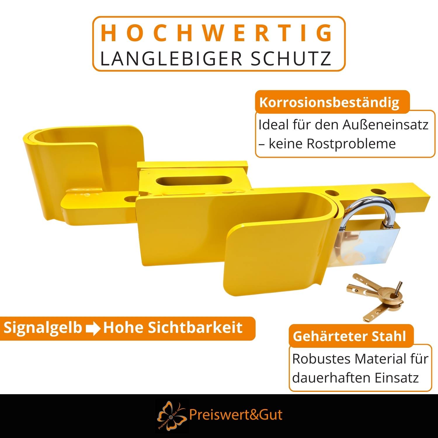 Ein heller gelber Verschlussmechanismus, der für hohe Sichtbarkeit und Langlebigkeit entwickelt wurde. Zu den Merkmalen gehören Korrosionsbeständigkeit und robuste Bauweise.