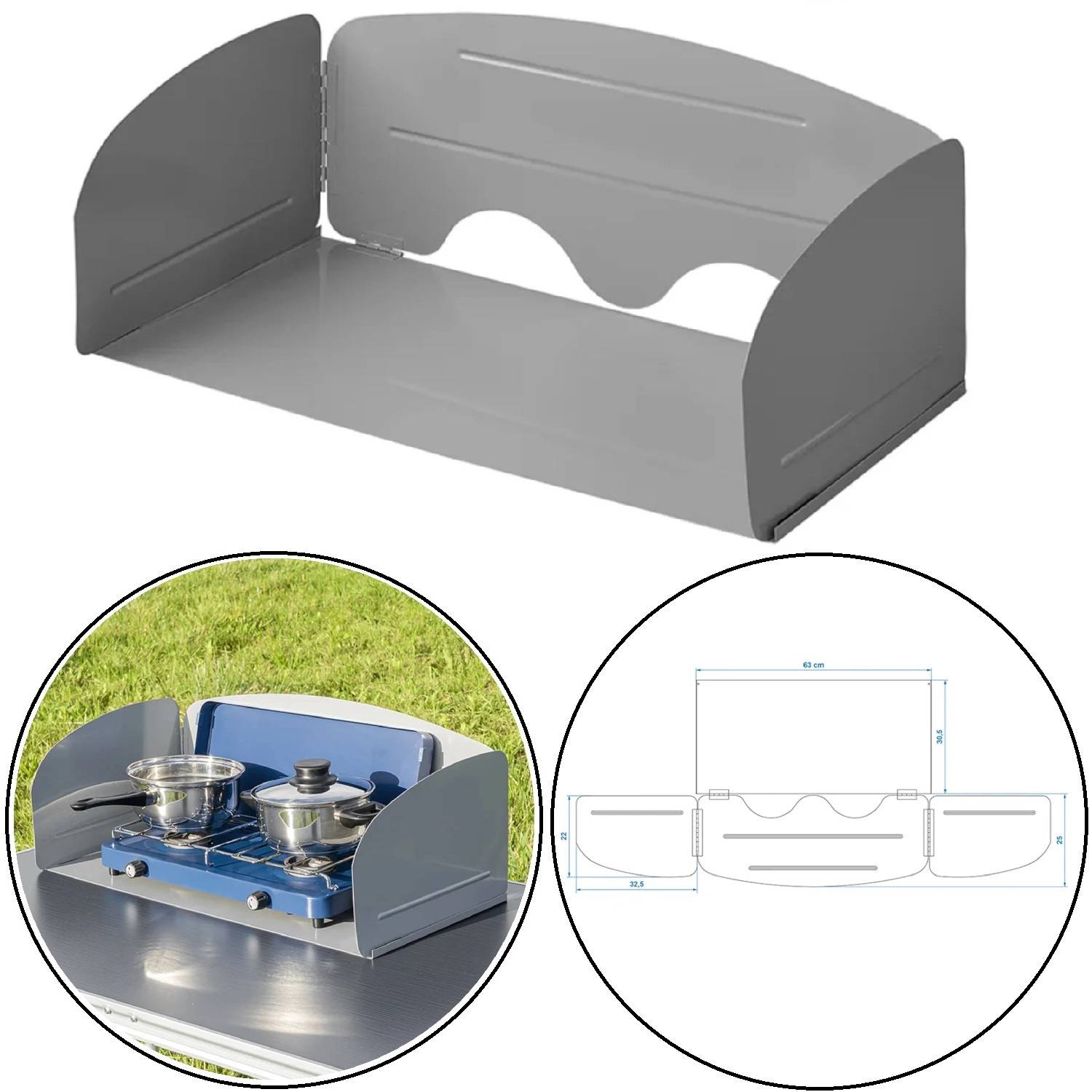 Graues Windschutzscheibenpanel geöffnet; kreisförmiger Ausschnitt zeigt Panel in Verwendung mit einem Campingkocher. Diagramm mit Abmessungen auf der rechten Seite.