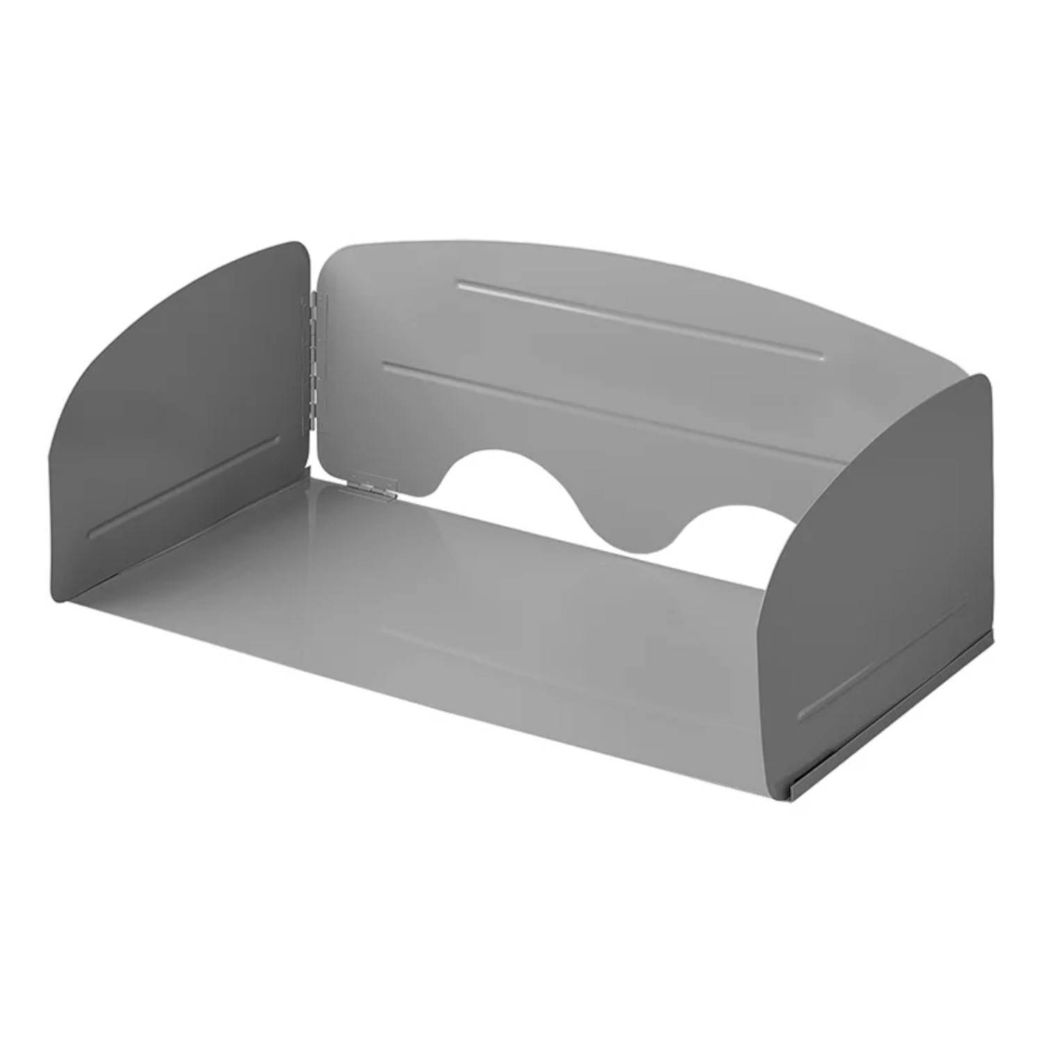 Ein grauer, gekrümmter Metallmonitorständer mit Rückenpanel und seitlichen Stützen, der entwickelt wurde, um einen Computermonitor für ergonomische Sichtverhältnisse zu erhöhen.