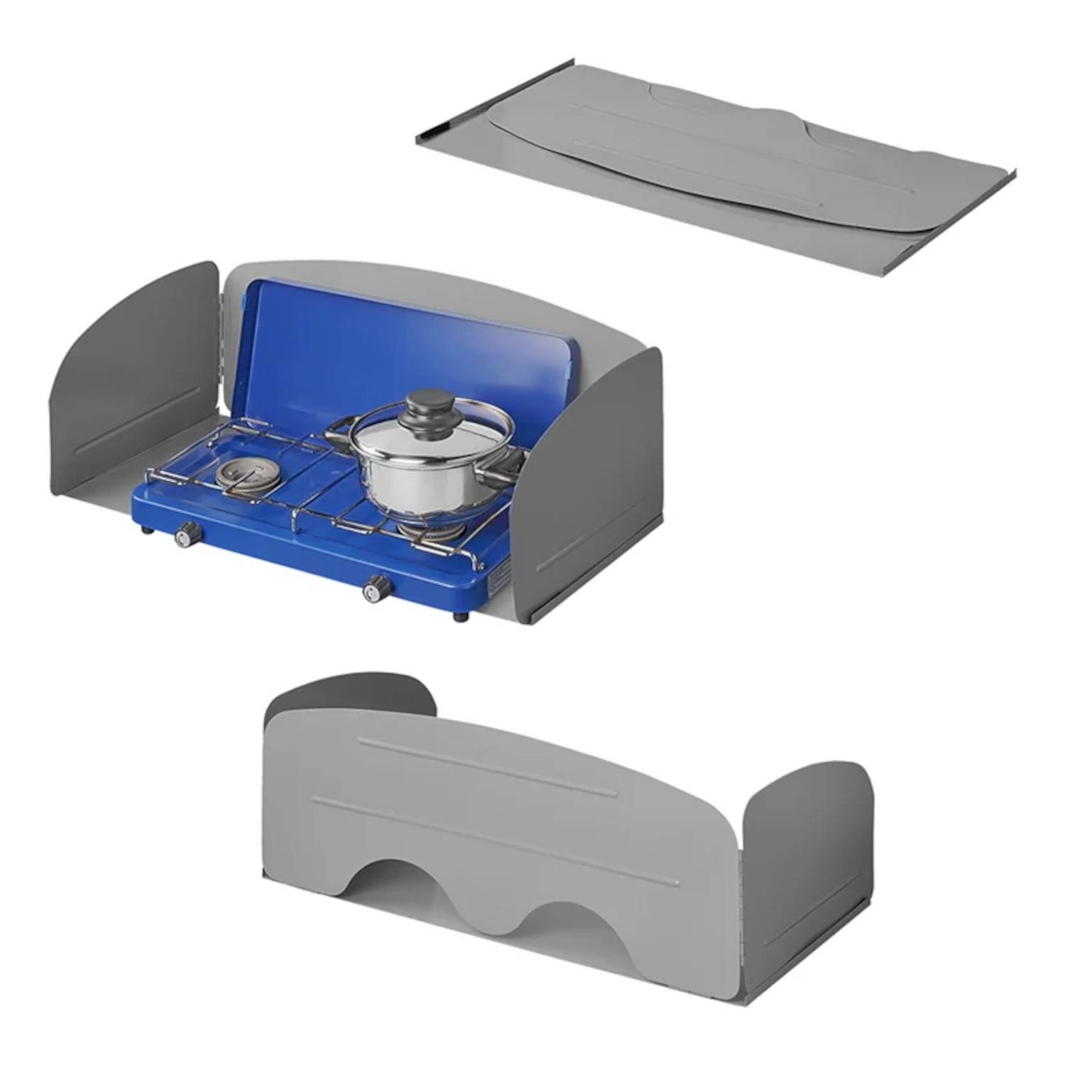 Ein blauer tragbarer Campingkocher mit einem Metalltopf auf einem Brenner und einem Windschutz, der den Kocher umgibt.