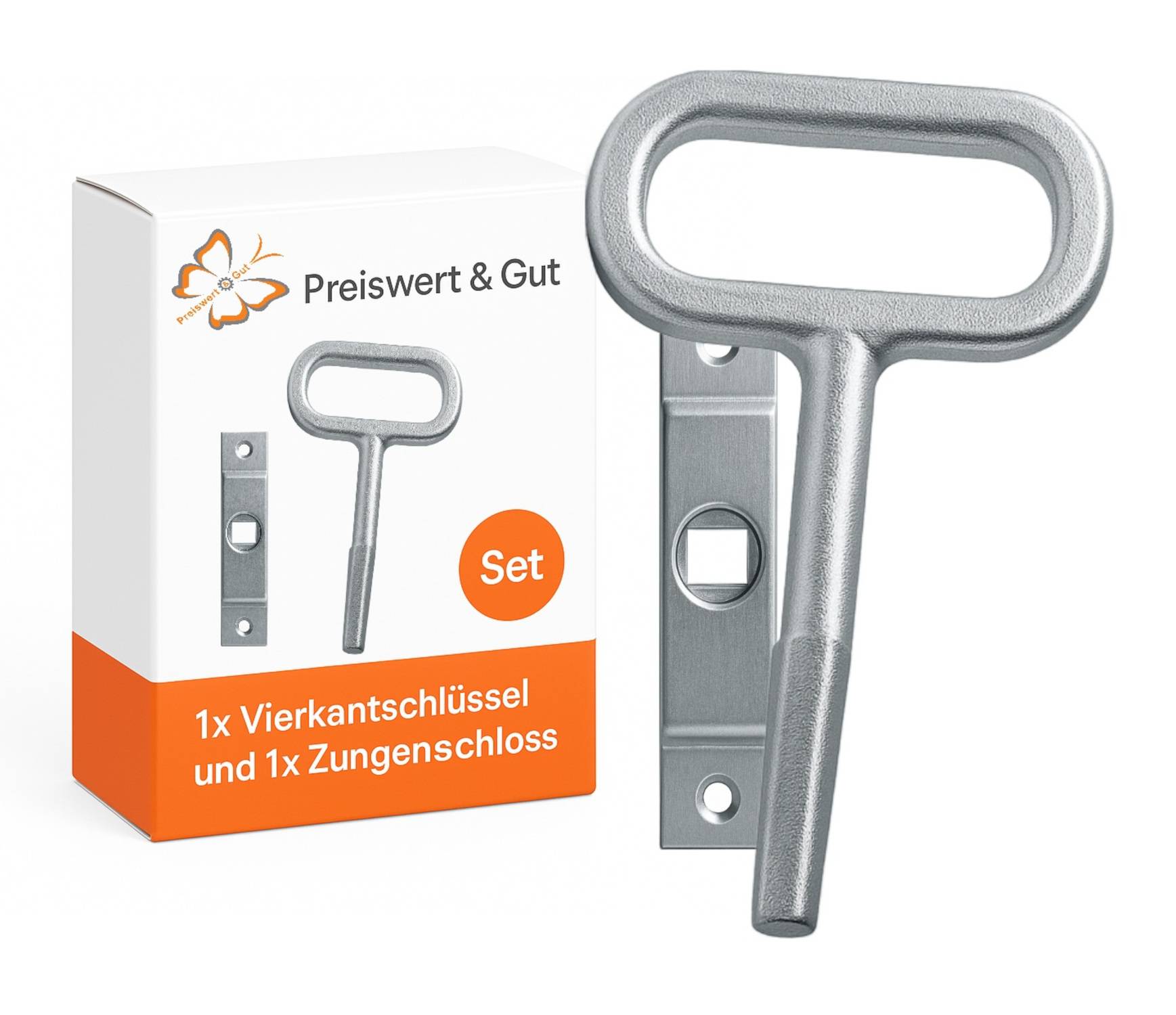 Kasten mit Schlüssel und Schlossblech. Text auf Kasten: 1x Vierkantschlüssel und 1x Zungenschloss.
