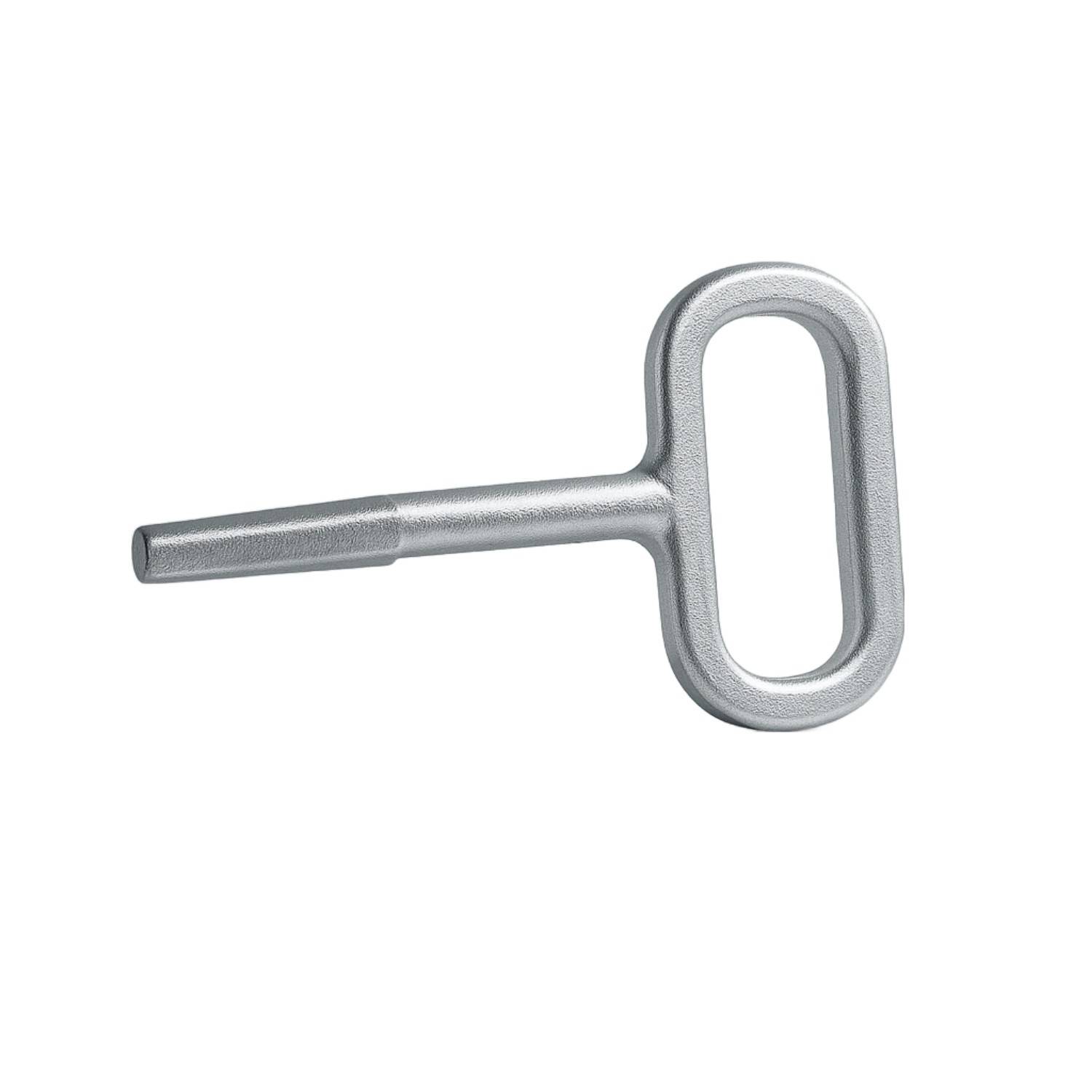 Ein silberner T-förmiger Metallgegenstand mit ovalem Griff, der üblicherweise als Aufzugsschlüssel für Uhren oder Spielzeug verwendet wird.