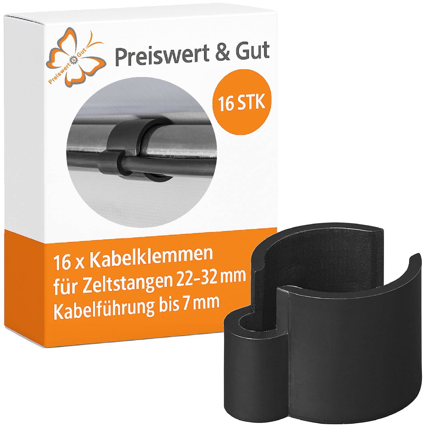 16 x Kabelclips für Zeltstangen 22-32 mm, Kabelverwaltung bis zu 7 mm.' Schwarze Kunststoff-Clip in Verpackung mit Produktbild und Details.
