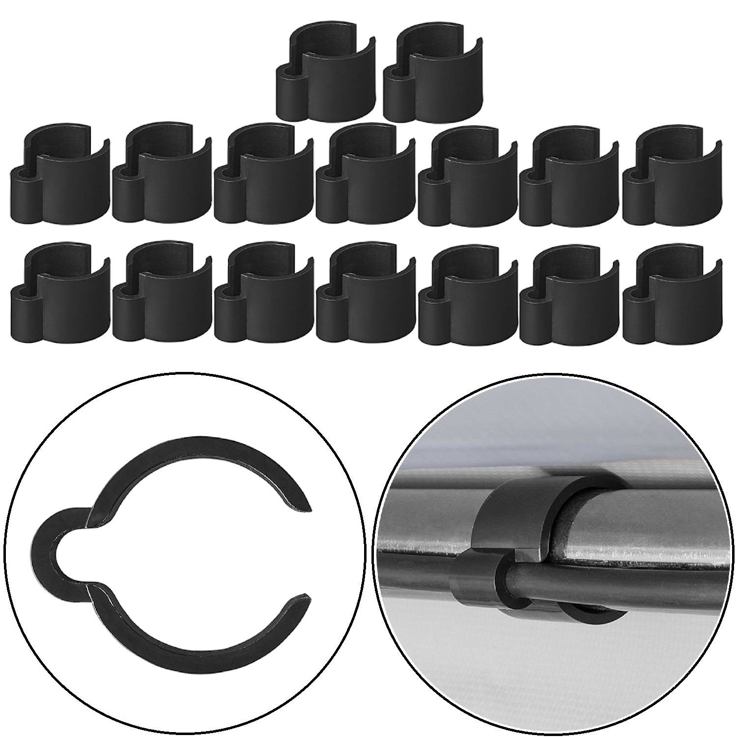 Schwarze Gardinenstangen-Clips, 16 Stück, gruppiert und einzeln dargestellt. Detailansicht eines Clips an einer Stange, die die Befestigung zeigt.