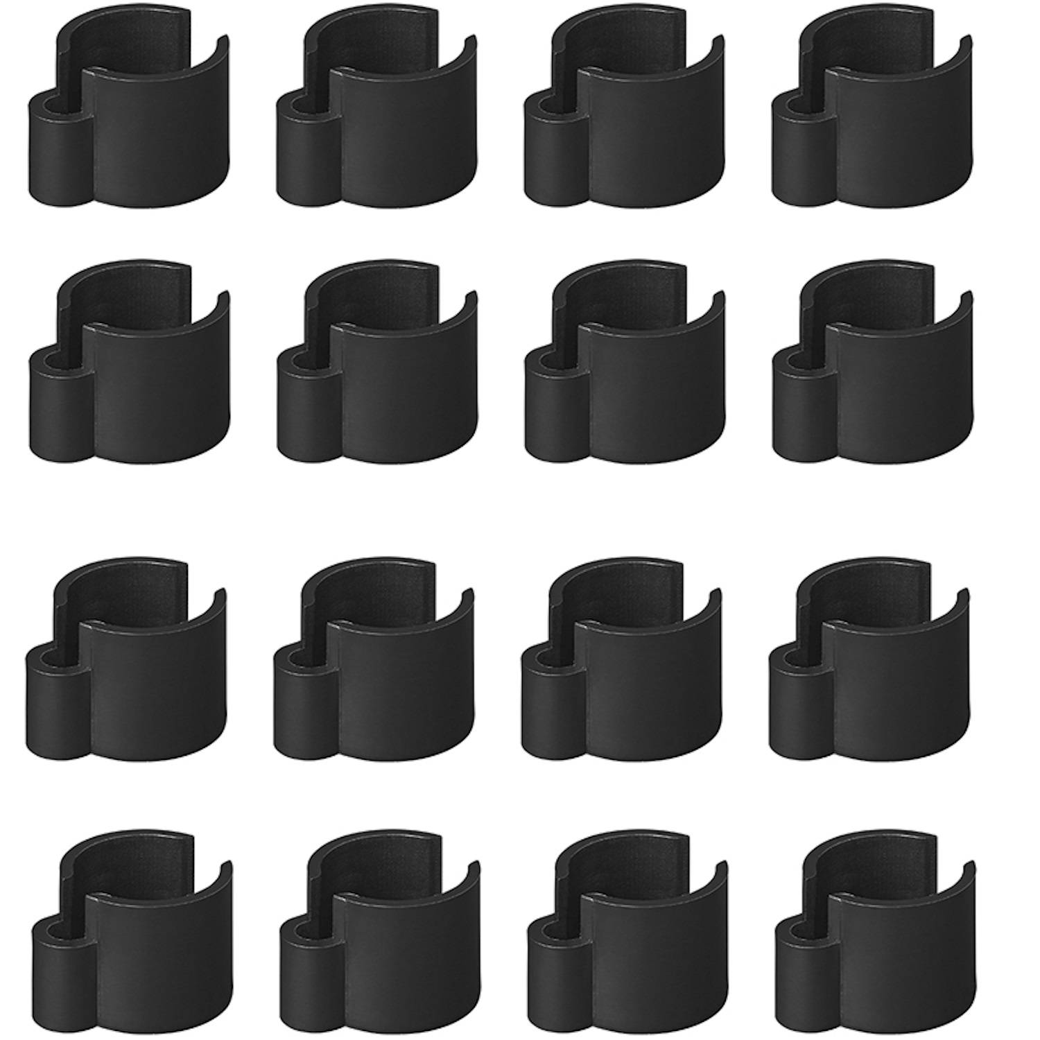 Ein 4x4-Raster von identischen schwarzen Plastikklammern, die sauber in Reihen und Spalten auf einem weißen Hintergrund angeordnet sind.