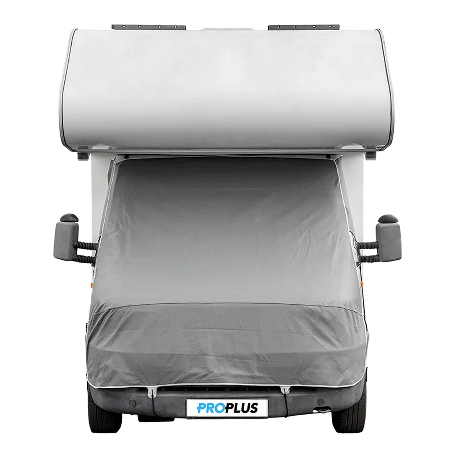 Ein Wohnmobil mit einer Schutzabdeckung an der Front, auf dessen Kennzeichenbereich der Markenname 'ProPlus' angebracht ist.