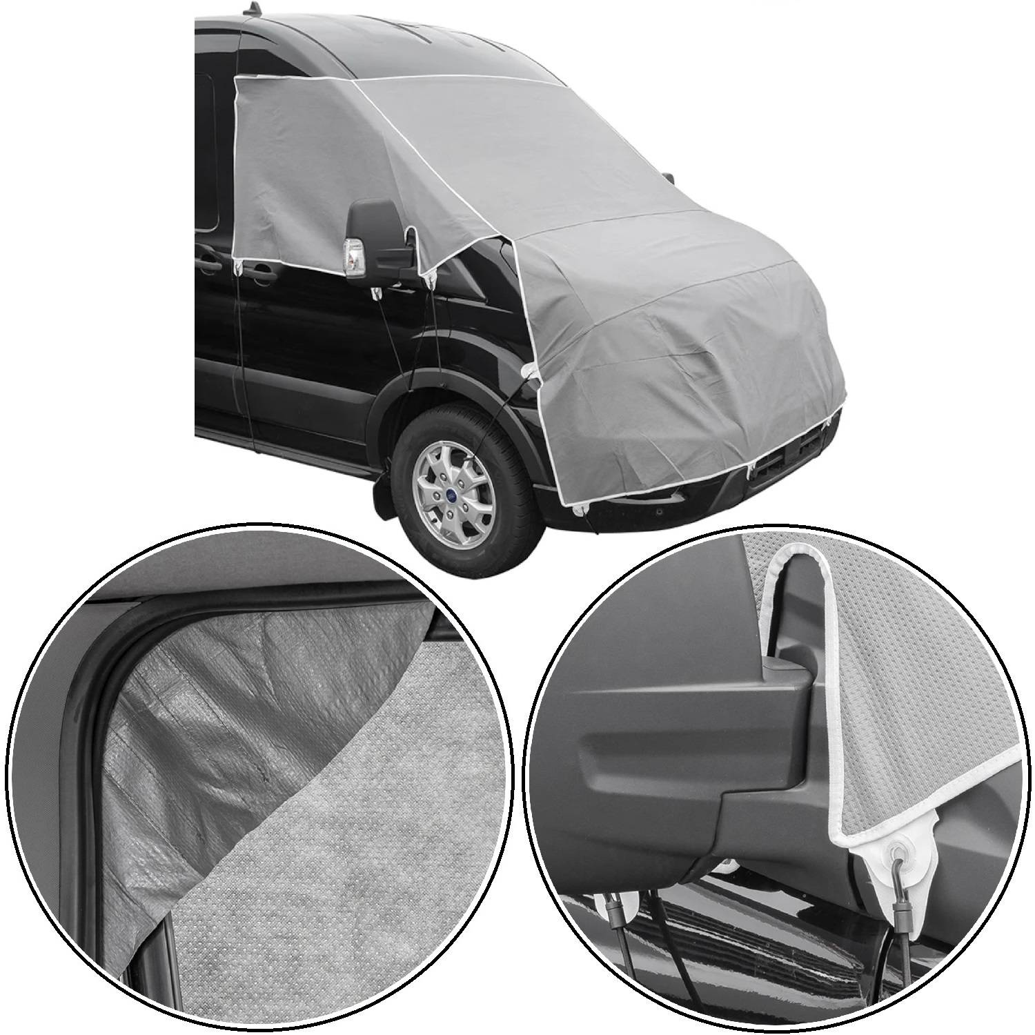Ein schwarzer Transporter mit einer grauen Schutzabdeckung über Windschutzscheibe und Fenstern, dargestellt mit Nahaufnahmen der Materialdetails und Befestigungen der Abdeckung.