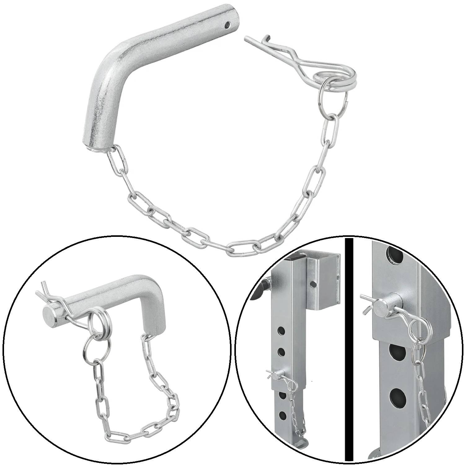 Eine Metallsicherheitsnadel mit einer Kette zum Sichern von Fitnessgeräten. Einblendungen zeigen die Seitenansicht und wie sie am Rahmen befestigt wird.