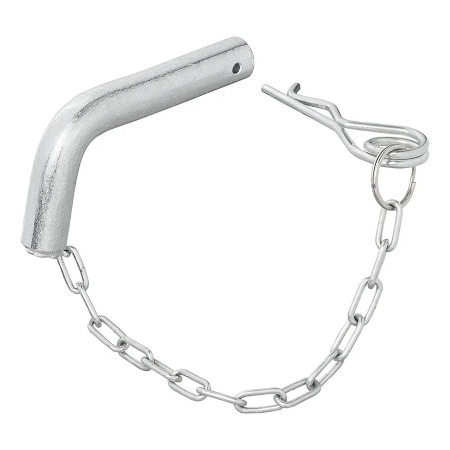 Ein Metallbolzen mit L-förmigem Design, versehen mit einem Sicherungsclip an einer Kette, der zum Befestigen von Anhängevorrichtungen an Fahrzeugen verwendet wird.