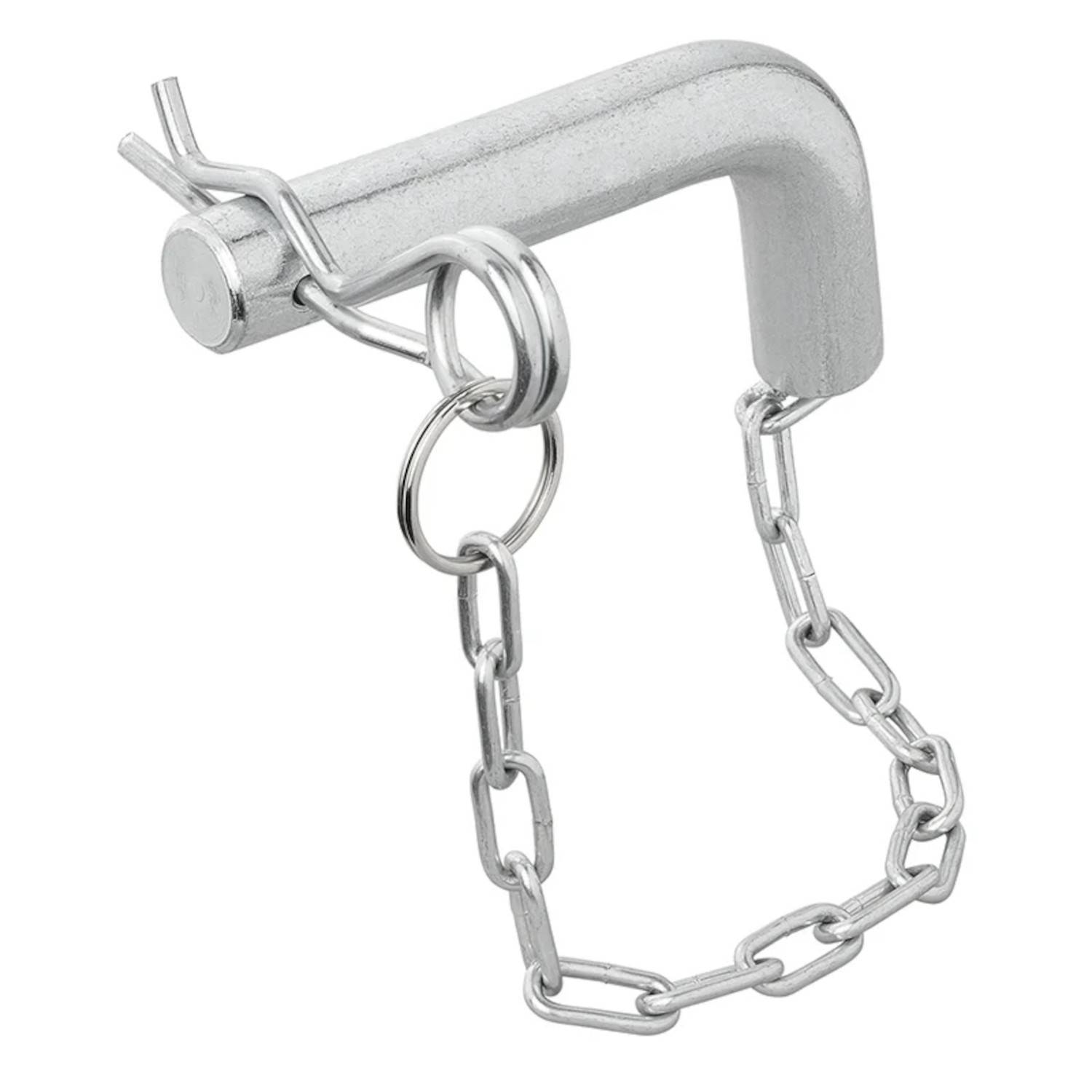 Eine Metallsplintschraube mit einer Sicherheitsklammer und angehängter Kette, die zum sicheren Befestigen und Verbinden von Maschinenbauteilen verwendet wird.