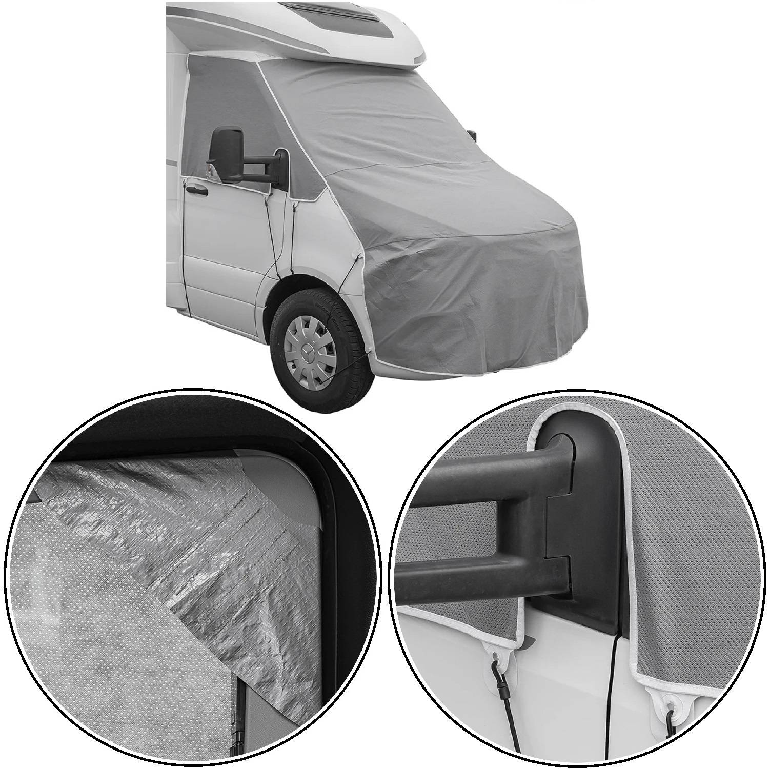 Ein weißer Transporter mit einer grauen Schutzabdeckung über der Windschutzscheibe und einem Teil des Fahrzeugkörpers. Einblendungen zeigen Nahaufnahmen des Abdeckmaterials und dessen Befestigung um einen Spiegel.