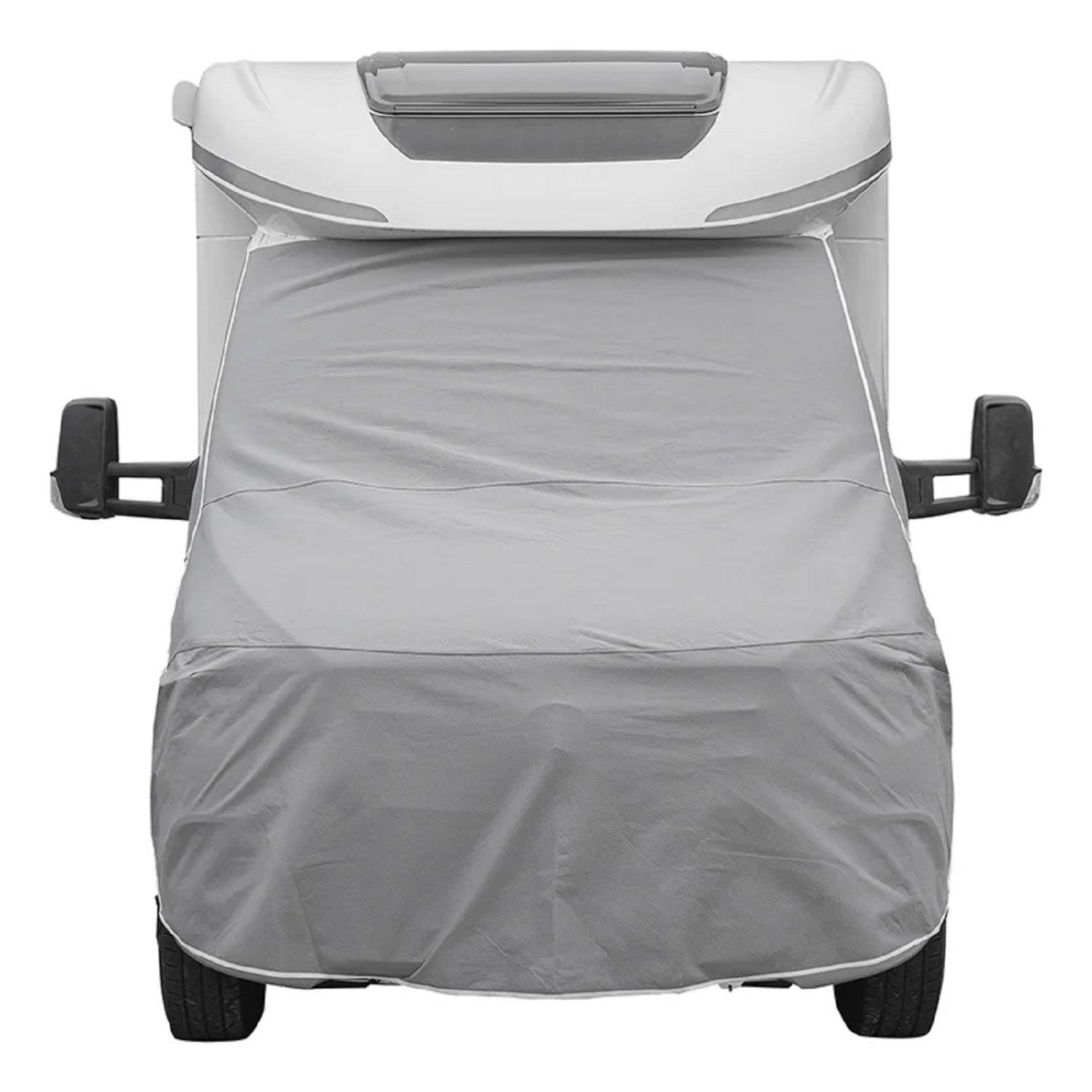 Ein Wohnmobil mit einer Schutzabdeckung über der Windschutzscheibe und den vorderen Seitenfenstern, von vorne betrachtet.