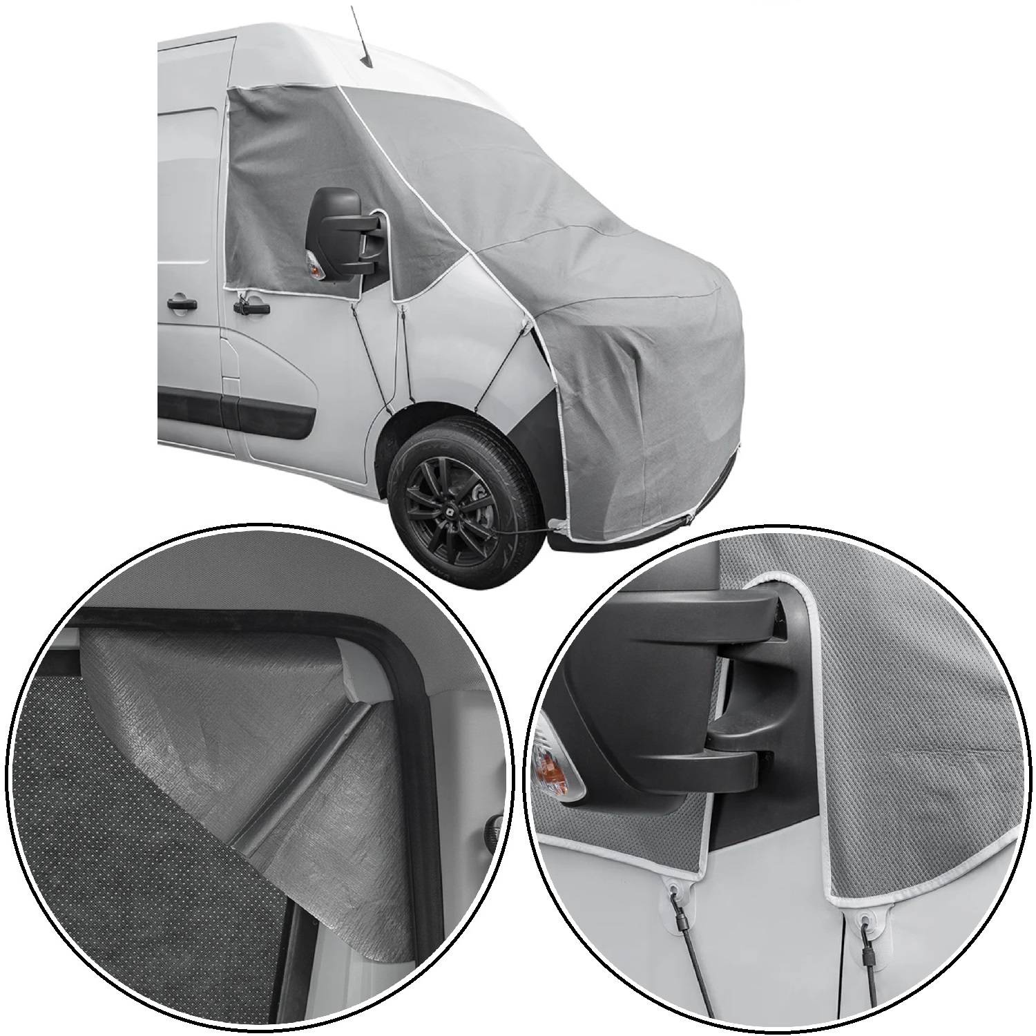 Ein Transporter, der mit einer Schutzabdeckung für die Windschutzscheibe versehen ist. Nahaufnahmen zeigen die Befestigung der Abdeckung um den Seitenspiegel und die Türnaht.