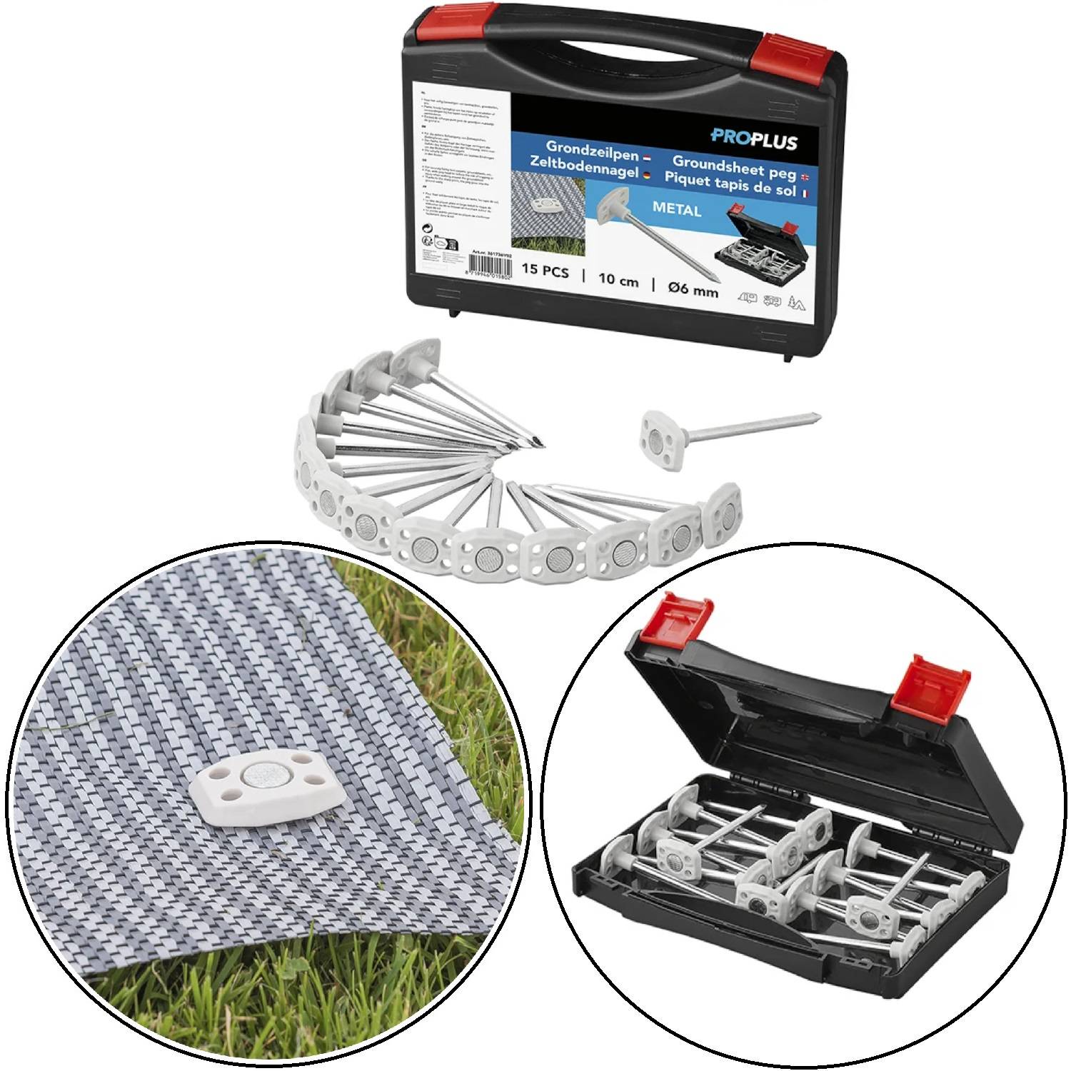 Ein Satz Erdnägel, einschließlich einer Transporttasche und auf Stoff angeordneten Heringen, dargestellt mit einer Nahaufnahme eines einzelnen Herings, der in den Stoff eingesetzt ist.