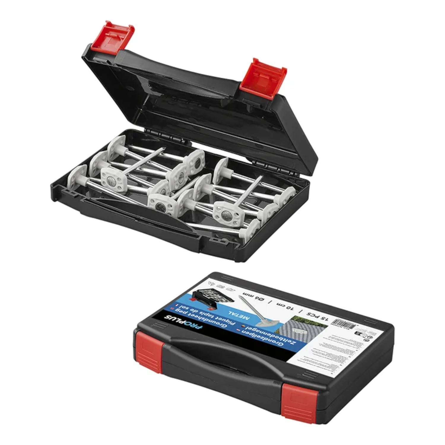 Ein schwarzer Plastikkoffer mit roten Verschlüssen, der sechs weiße Laufrollen enthält. Der Koffer ist oben offen und unten geschlossen.