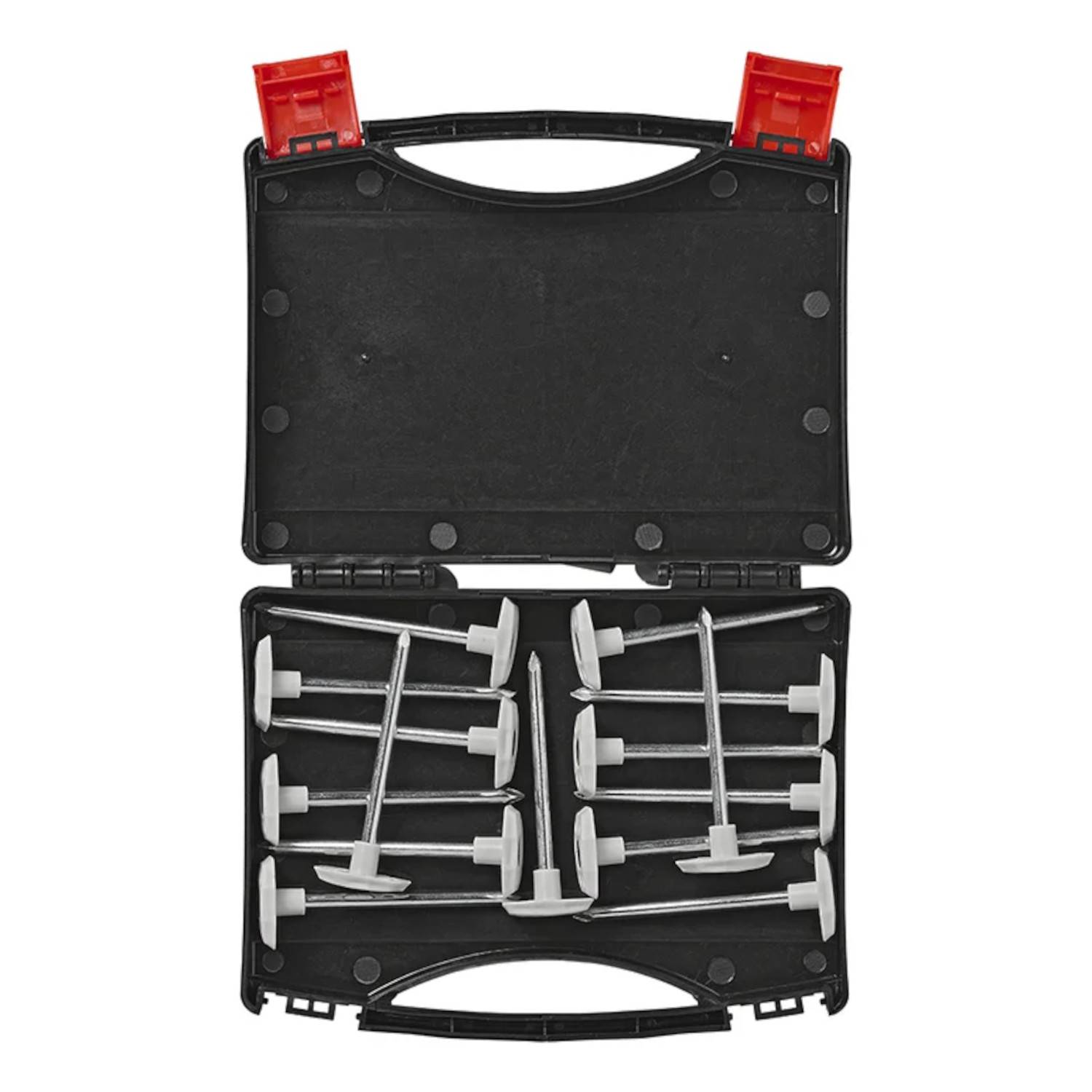 Eine offene schwarze Tragetasche, die mehrere weiße, Kunststoff-Kegelpins in zwei Reihen angeordnet enthält.