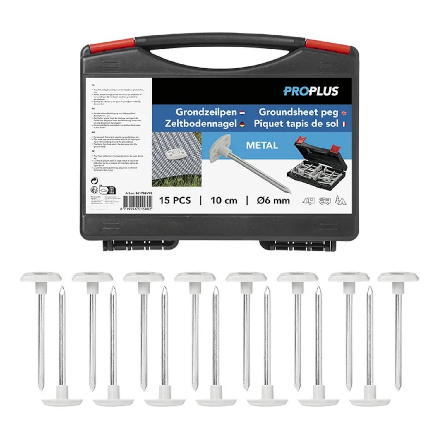 ProPlus Bodenlaken-Heringe'-Set mit Kunststoffbox, die 15 Metallheringe enthält, jeweils 10 cm lang, mit geöffneter Box und ausgestellten Heringen dargestellt.