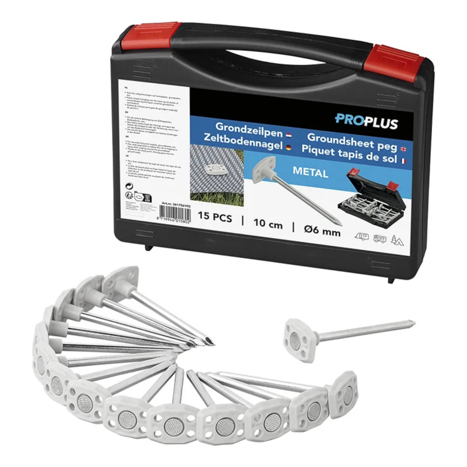 Heringe-Set mit 15 Metallheringe und einer Transporttasche. Heringdimensionen: 10 cm lang, 6 mm dick, entwickelt zum Befestigen von Bodenplanen.