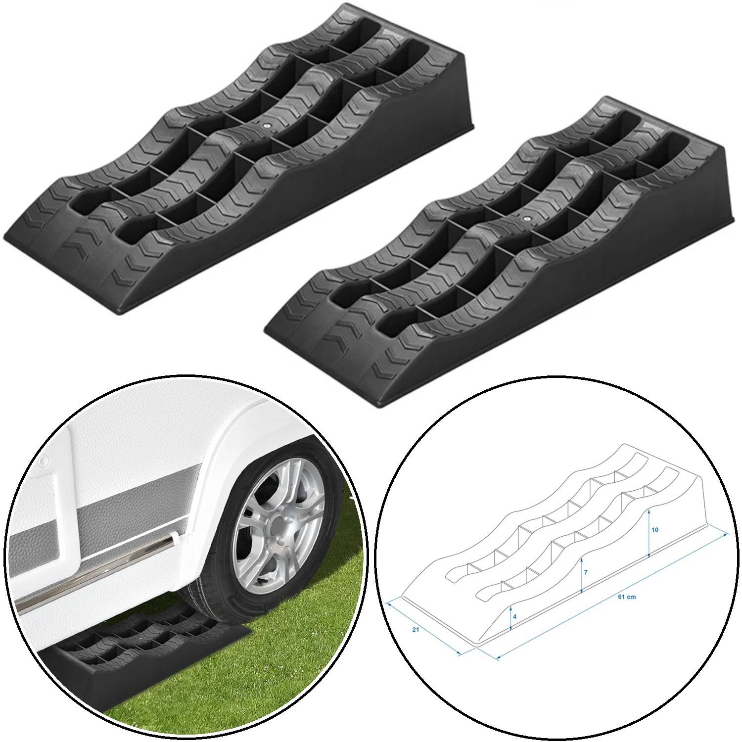 Schwarze Kunststoff-Nivellierrampenschlitten für Fahrzeuge; zwei Rampen gezeigt, Diagramm mit Maßangaben und eine Rampe, die unter einem Autorad in Gebrauch ist.