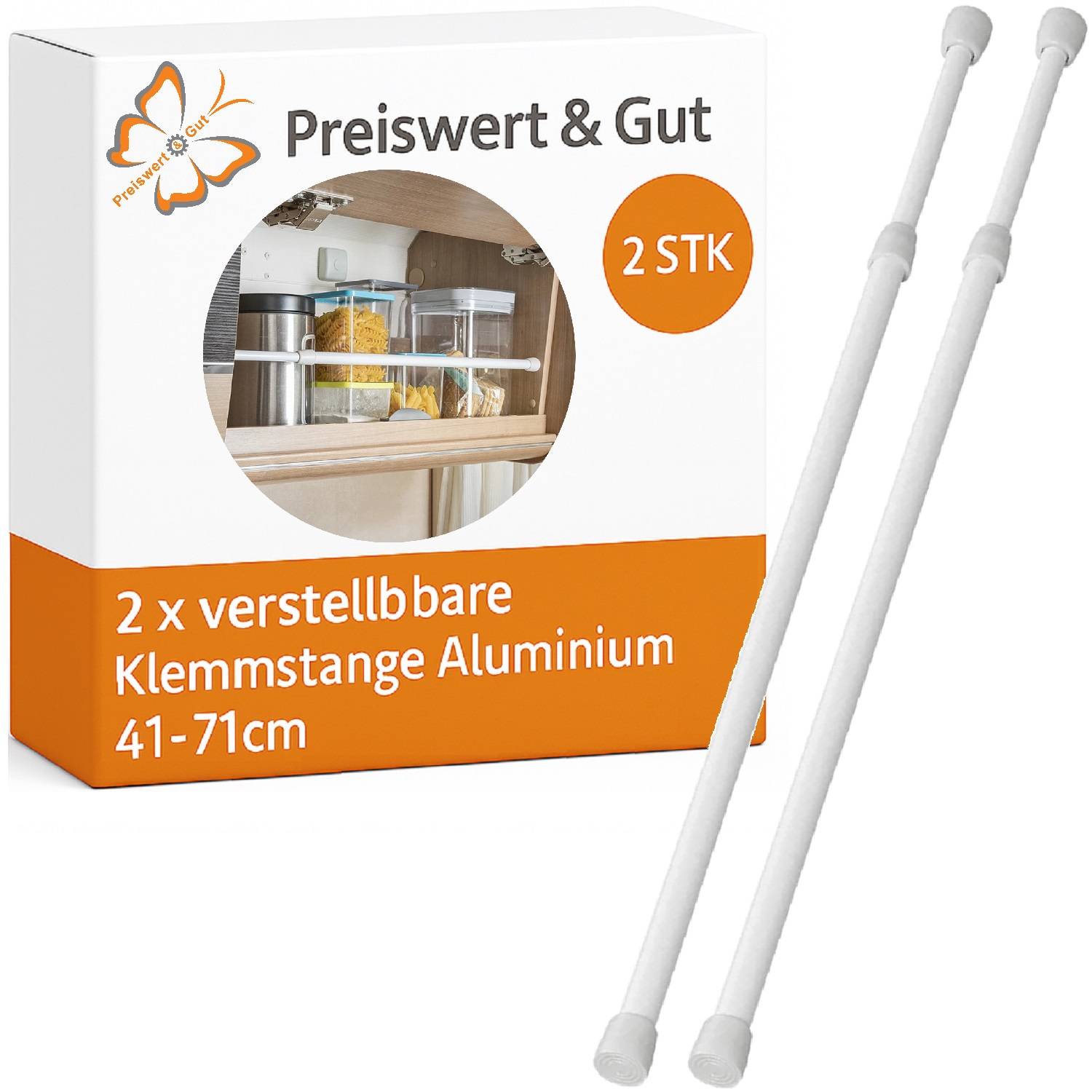 Produktverpackung mit zwei einstellbaren Aluminiumstangen zusammen mit dem Text: 'Preiswert & Gut', '2 STK', und Maße '41-71 cm'.