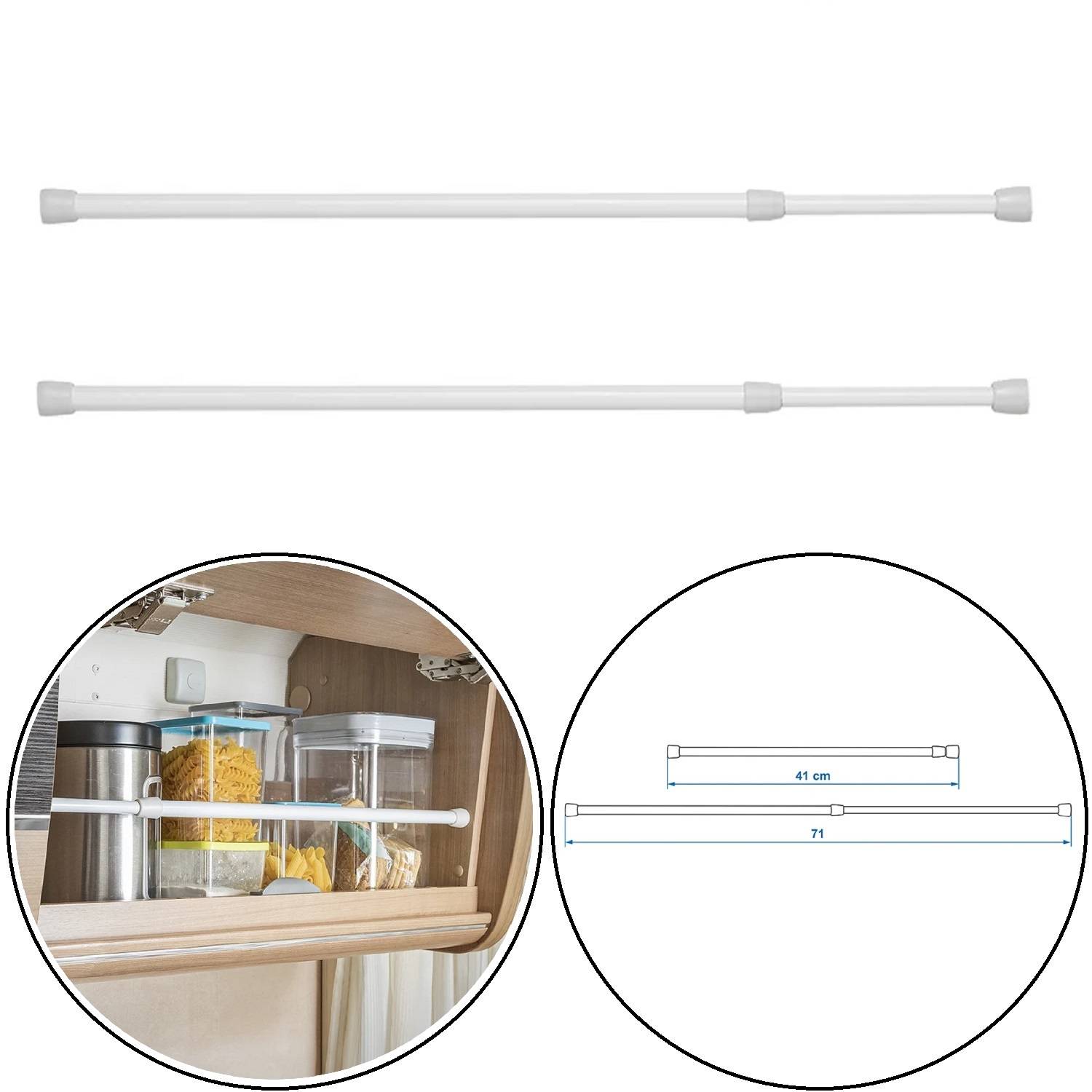 Zwei weiße Spannstangen, mit einer Demonstration, die zeigt, wie eine davon zur Befestigung von Gegenständen in einem Schrank verwendet wird. Abmessungen dargestellt: ausziehbar von 41 cm bis 71 cm.