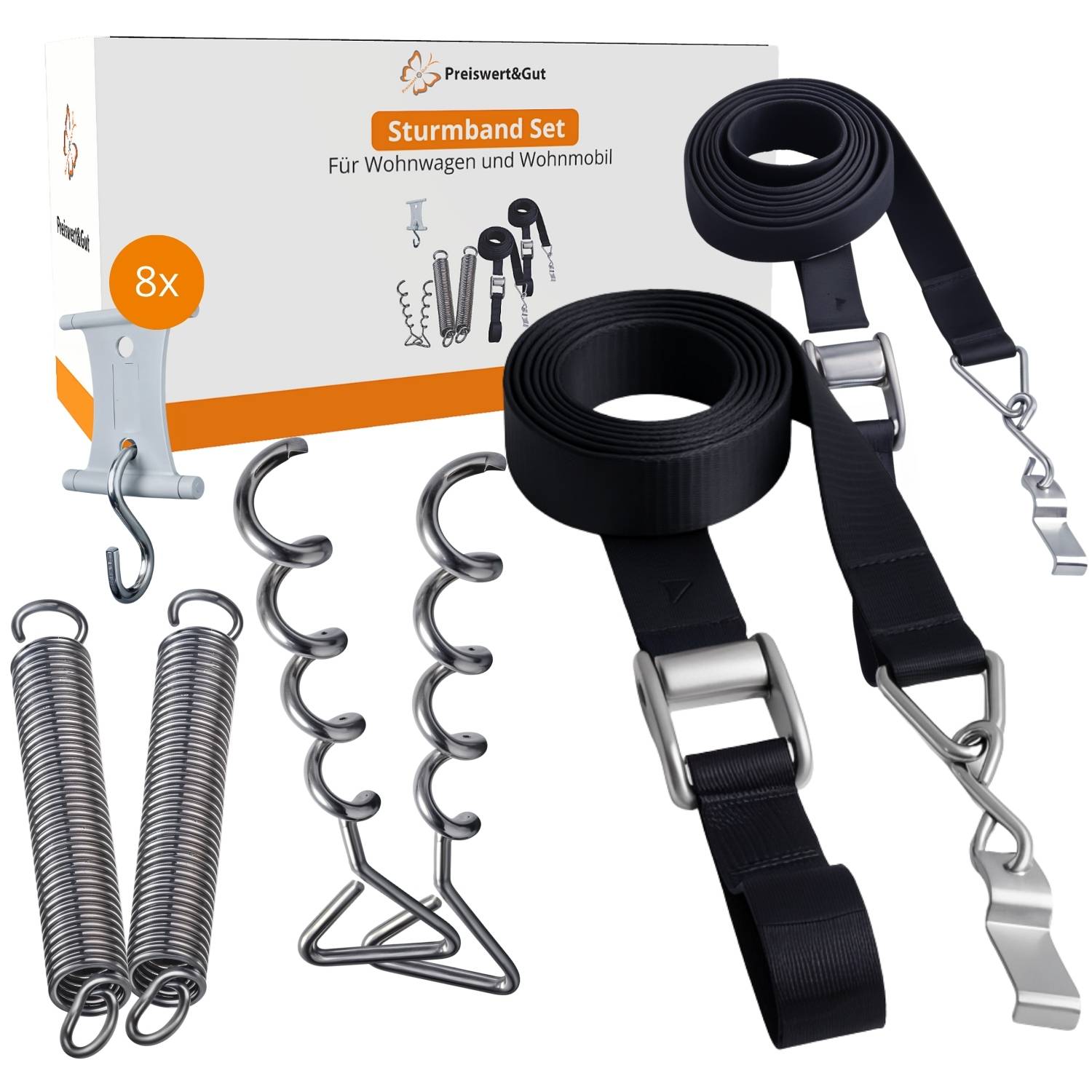 Sturm-Spanngurtset für Wohnwagen und Wohnmobile inklusive Haken, Federn und Spanngurten in einer Schachtel mit der Aufschrift 'Preiswert & Gut'.
