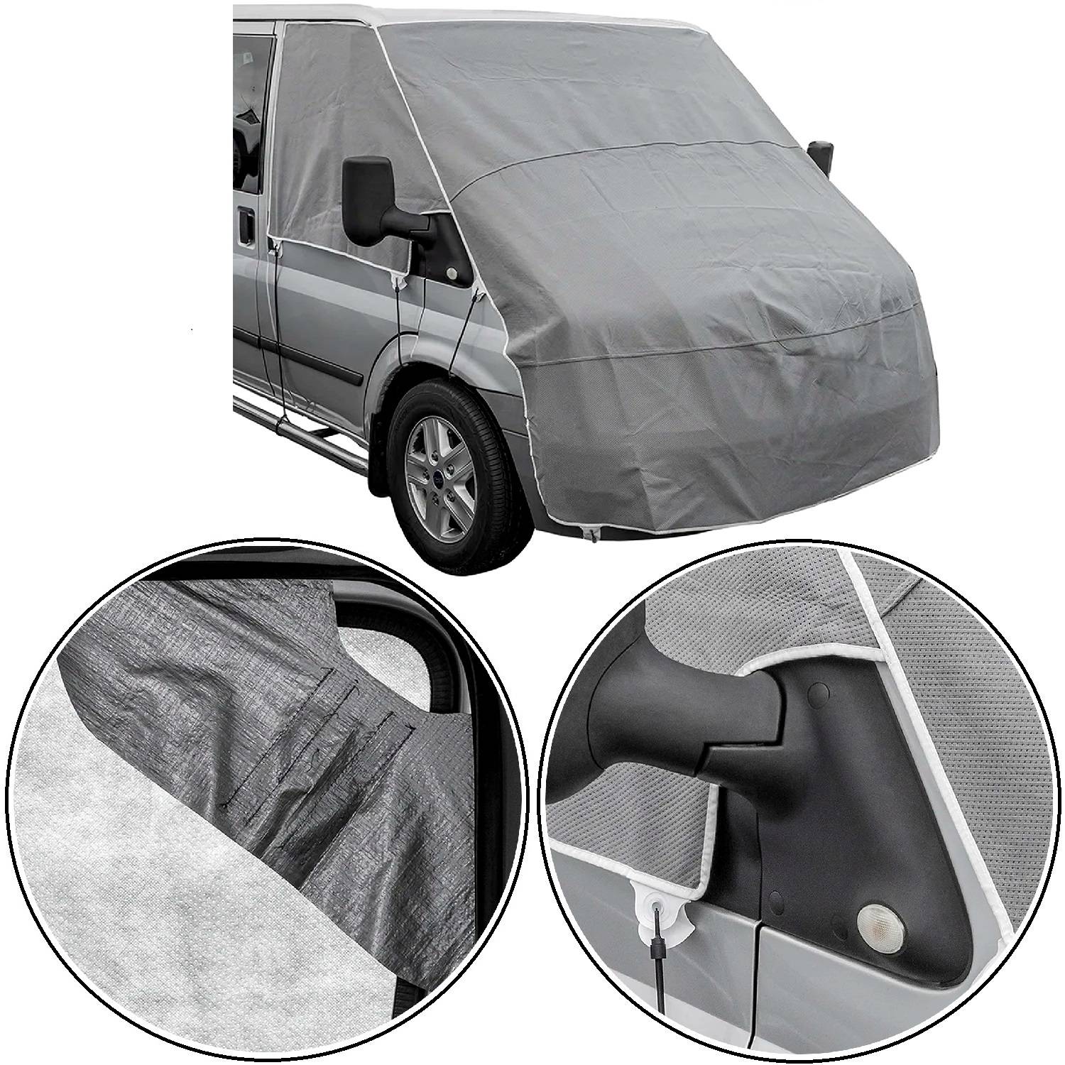 Ein Transporter mit einer Schutzabdeckung auf der Windschutzscheibe und den Seitenspiegeln. Einschübe zeigen Nahaufnahmen der Gewebestruktur und der Spiegelabdeckung.