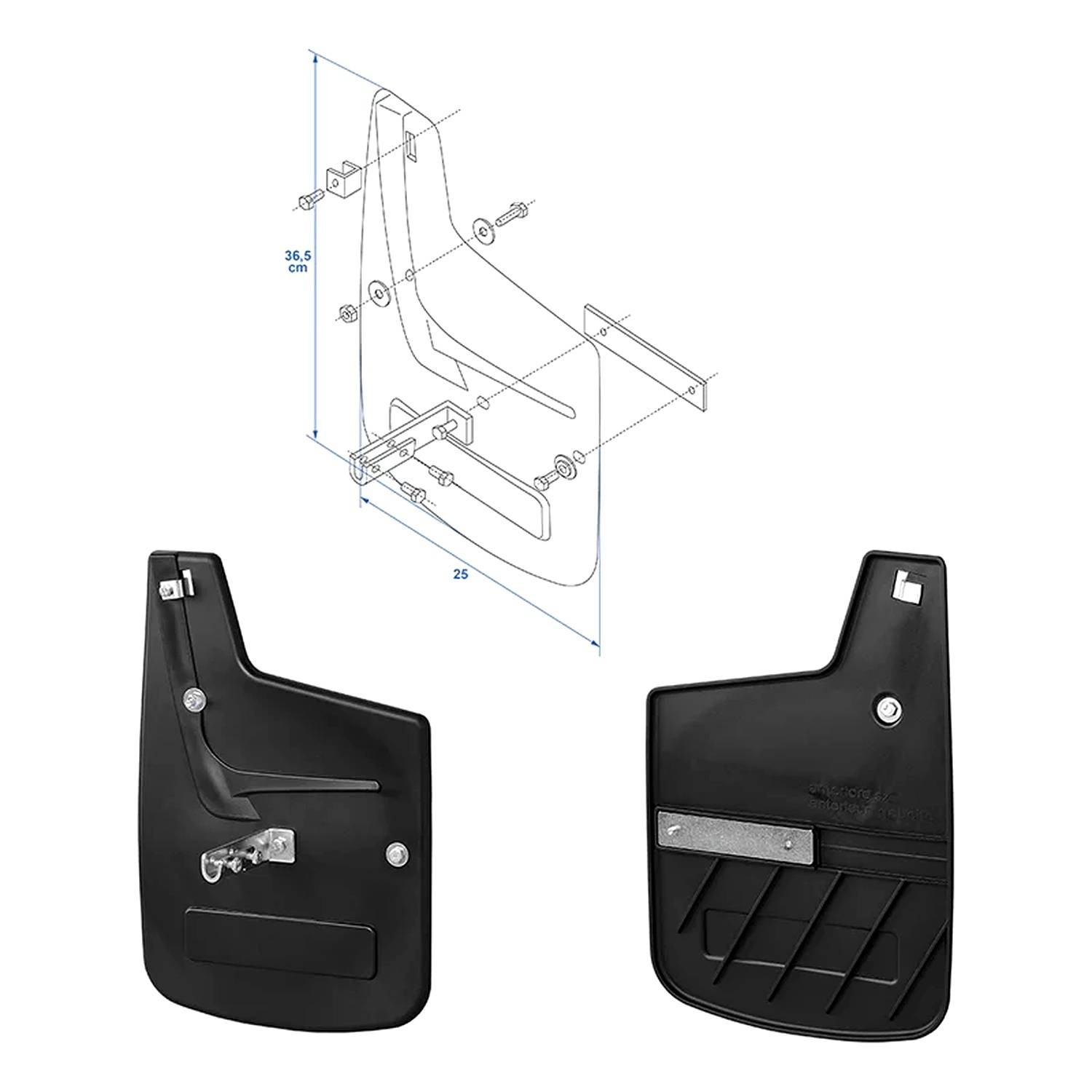 Diagramm und Fotos von schwarzen Schmutzfängern für Autos, die die Abmessungen von 34,5 cm Höhe und 29 cm Breite zeigen, mit Halterungen und Befestigungsmaterial.