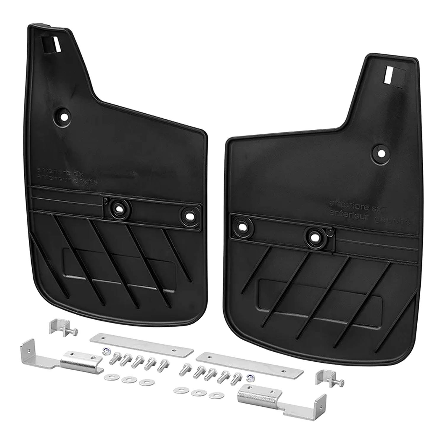 Zwei schwarze Autoschmutzfänger mit Befestigungsmaterial vor weißem Hintergrund; enthält Halterungen, Schrauben und Unterlegscheiben zur Montage.