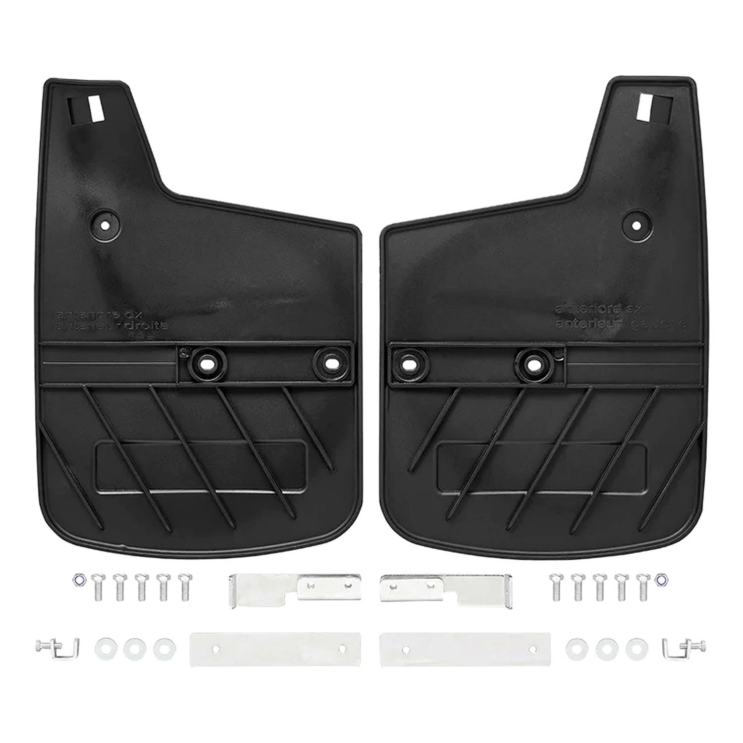 Paar schwarze Schmutzfänger für Autos mit Befestigungsmaterial, das unterhalb jedes Schmutzfängers ausgelegt ist, einschließlich Schrauben und zwei Metallhalterungen.