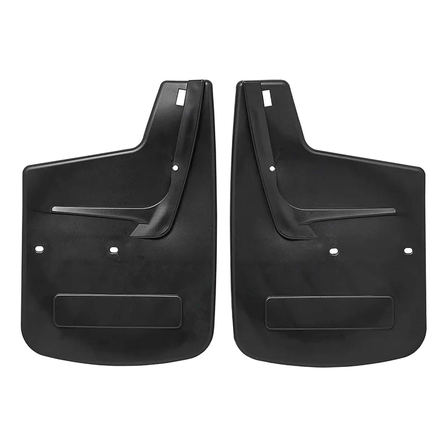 Schwarze Schmutzfänger eines Autos, von vorne gezeigt, mit vorgebohren Löchern für eine einfache Montage.