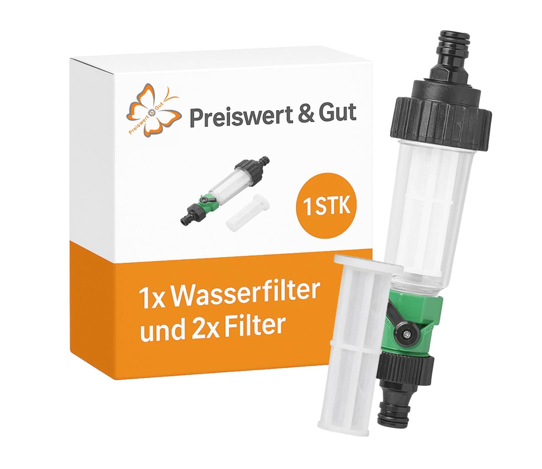 Schachtel mit einem Schmetterlingslogo, beschriftet mit 'Preiswert & Gut', mit einem Wasserfilter und zwei zusätzlichen Filtern daneben.