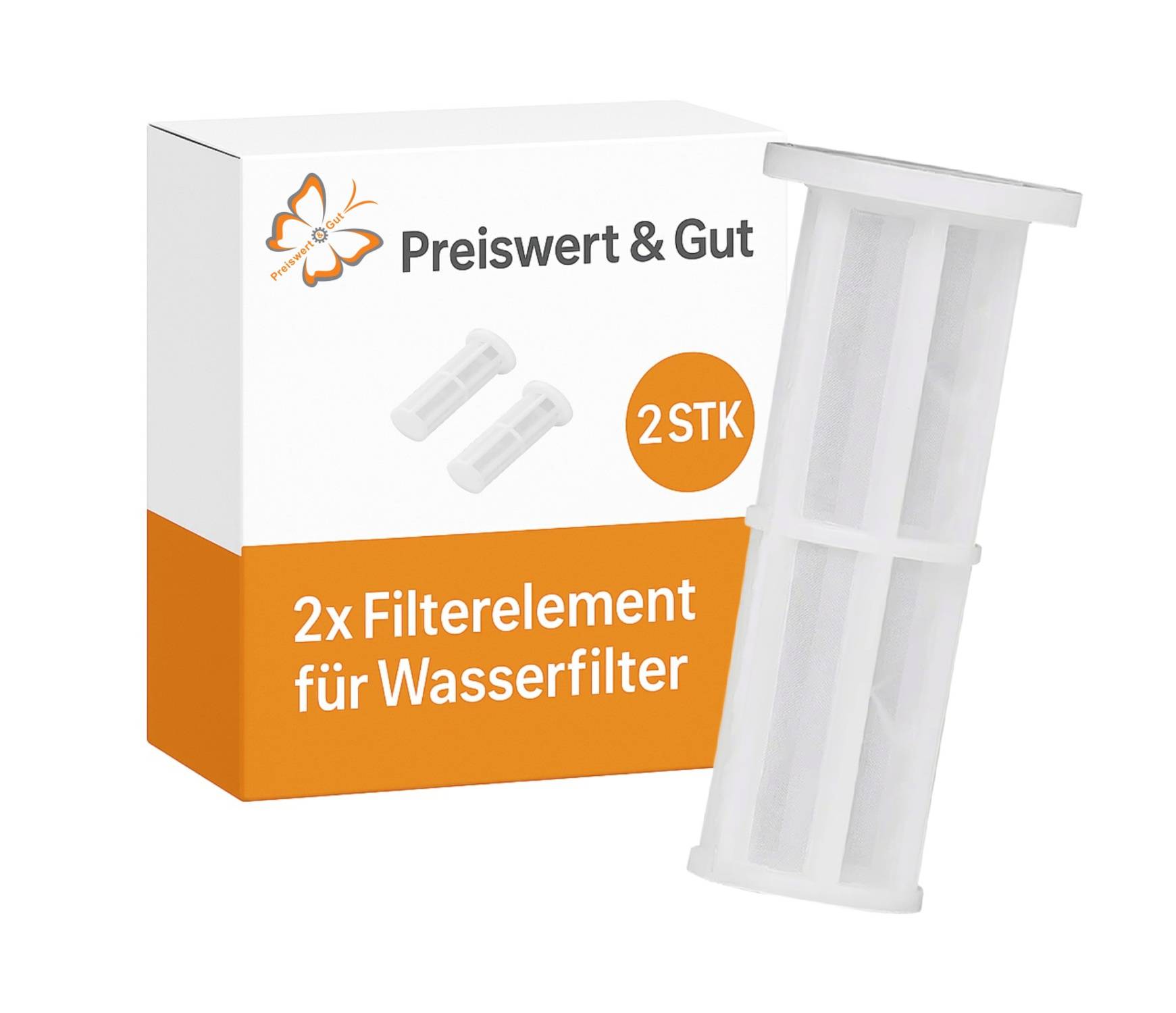 2x Filterelement für Wasserfilter' Verpackung mit zwei weißen Filterelementen. Schachtel zeigt Schmetterlingslogo und 'Preiswert & Gut'.