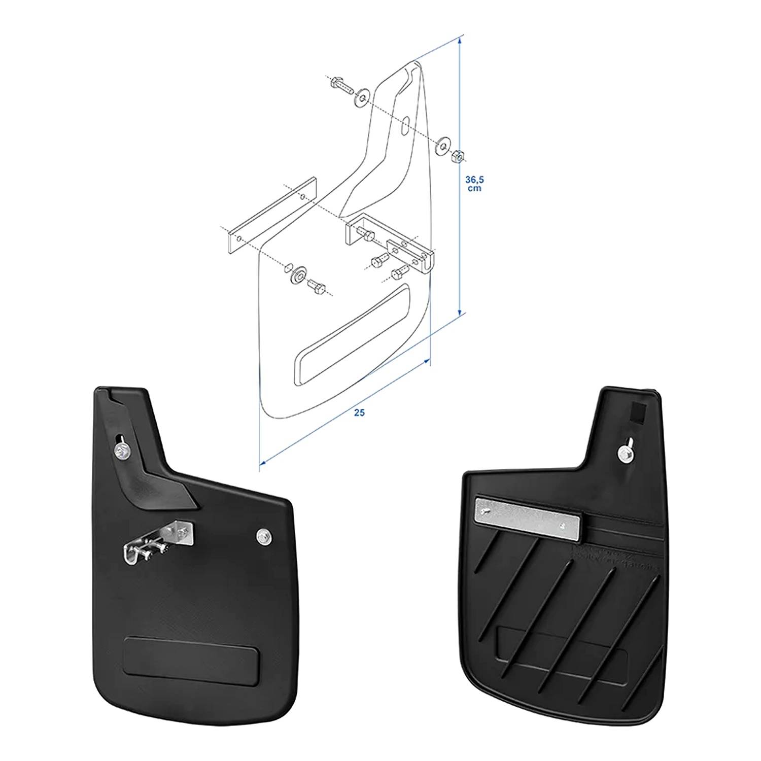 Vorder- und Rückansicht eines schwarzen Schmutzfängers mit Befestigungszubehör. Beinhaltet eine detaillierte Maßzeichnung mit 36,5 cm Höhe und 25 cm Breite.