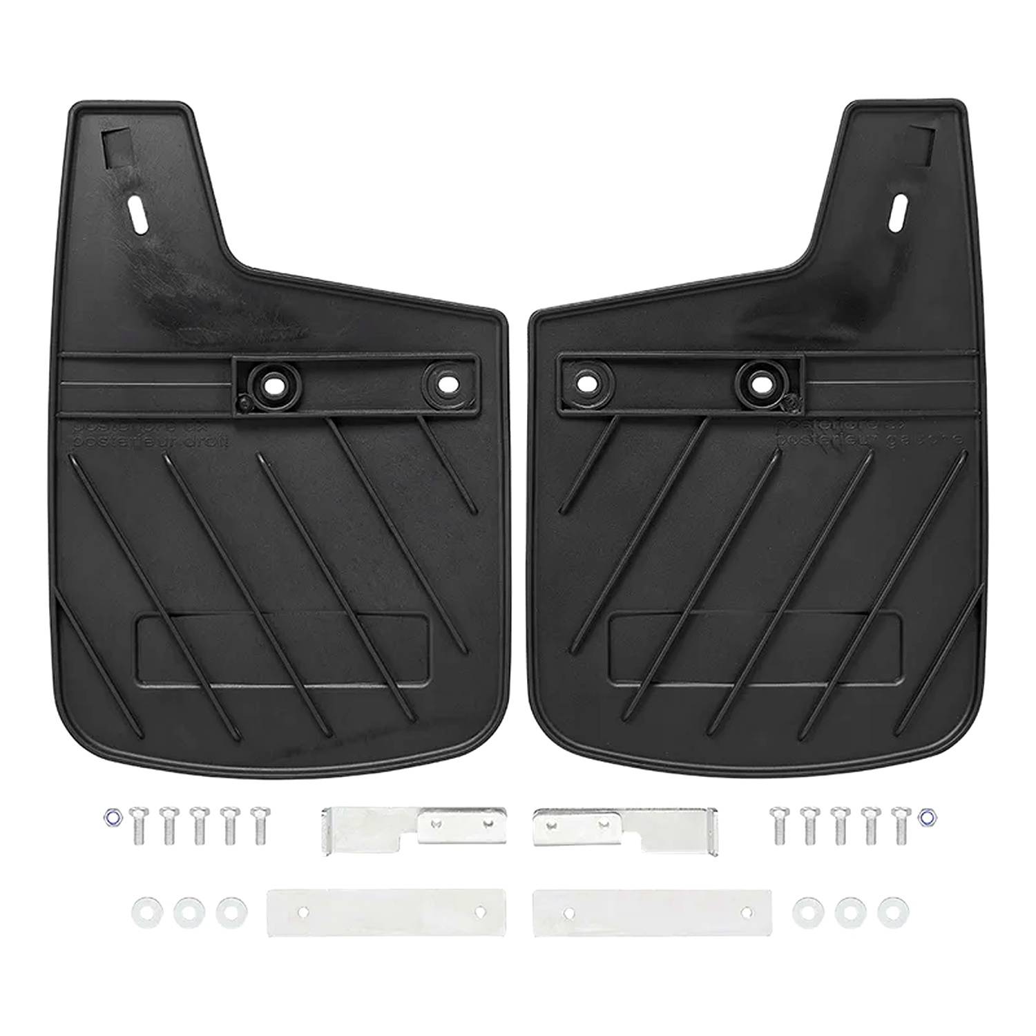 Zwei schwarze Schmutzfänger mit Befestigungsmaterial, einschließlich Schrauben, Unterlegscheiben und Metallhalterungen.