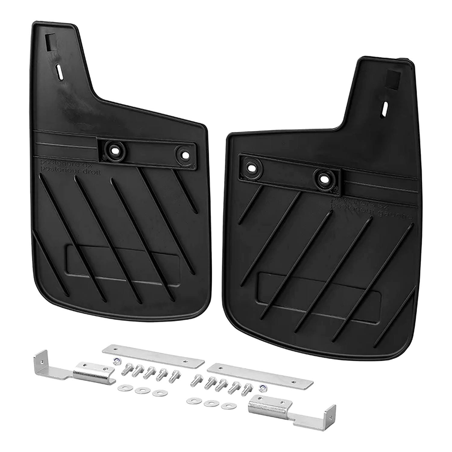 Zwei schwarze Schmutzfänger mit Installationszubehör, einschließlich Halterungen, Schrauben und Unterlegscheiben, alle auf einem weißen Hintergrund angeordnet.