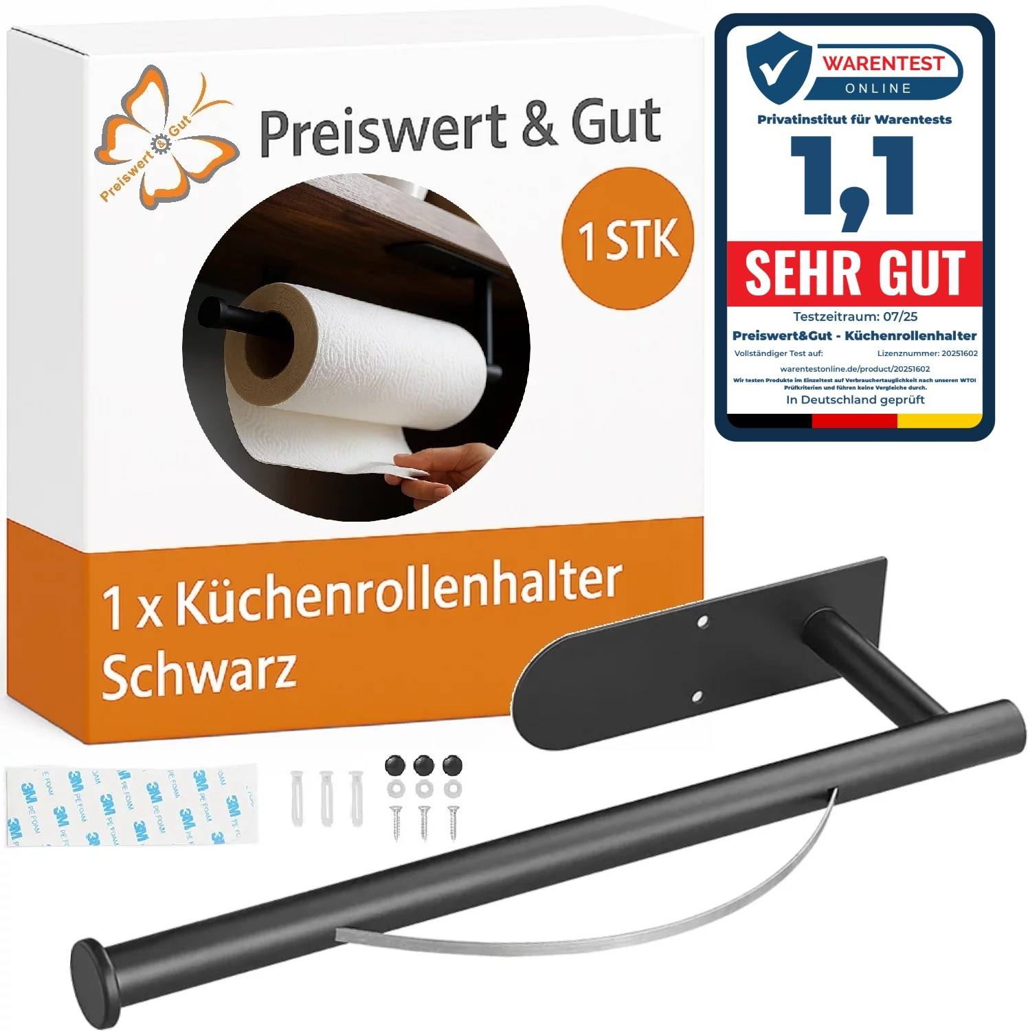1 x Küchenrollenhalter Schwarz, Verpackung mit einem schwarzen Küchenrollenhalter und Installationszubehör, mit einem 'SEHR GUT' Bewertungsaufkleber.
