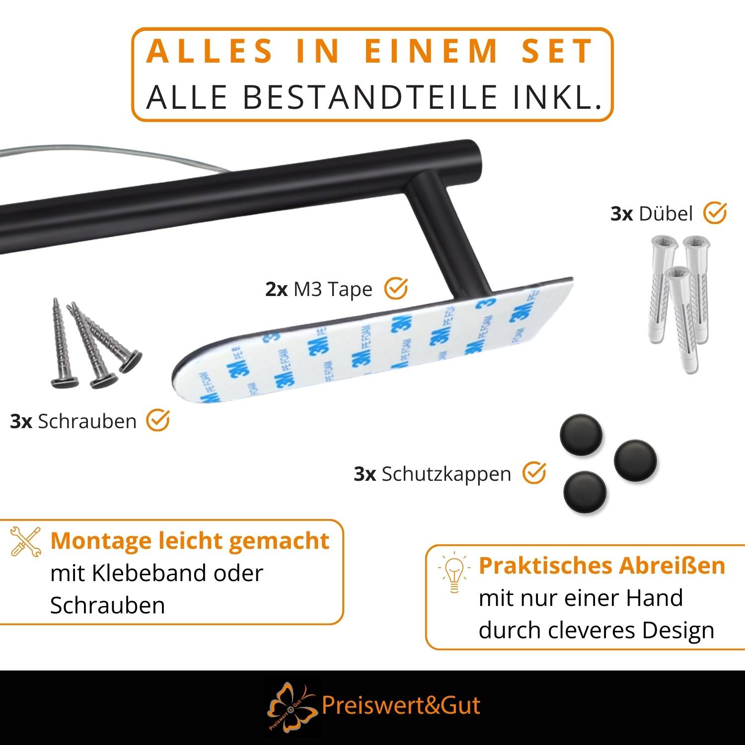Komplett-Set mit Schrauben, Klebeband, Dübeln und Abdeckkappen. Hebt die einfache Montage ohne Schrauben hervor, mit einem praktischen, abreißbaren Design.