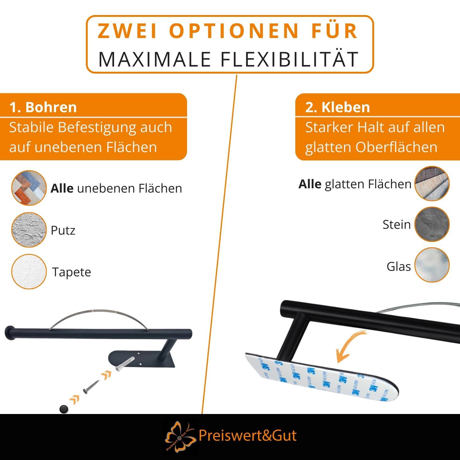 Das Bild vergleicht zwei Montagemöglichkeiten für Flexibilität: '1. Bohren' für unebene Oberflächen und '2. Klebstoff' für glatte Oberflächen.
